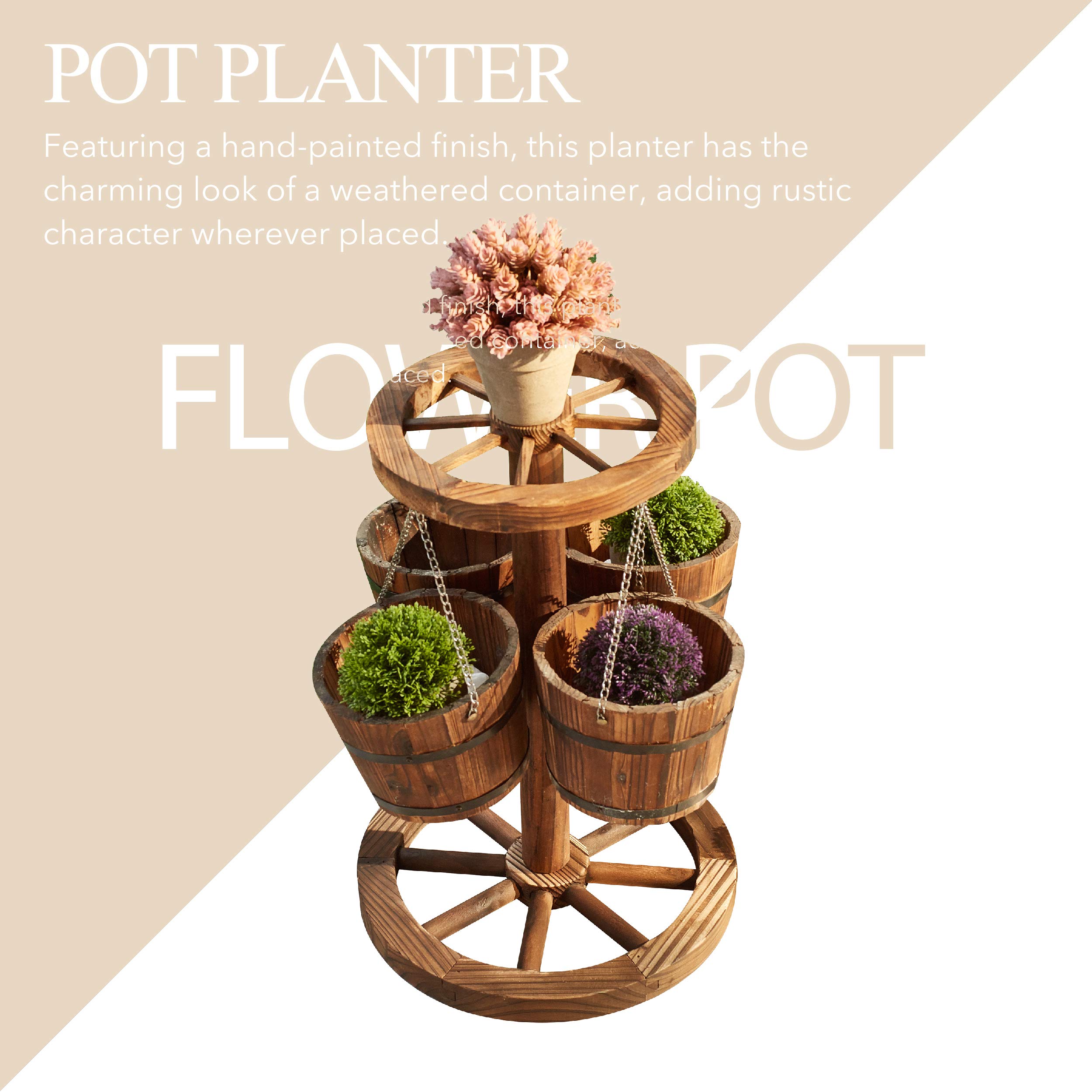 LOKATSE HOME Rustic Wooden Wagon Barrel Wheel Planter with Buckets - Outdoor Garden Decor for Patio, Yard, and Porch - Perfect for Flowers, Plants, and Herbs