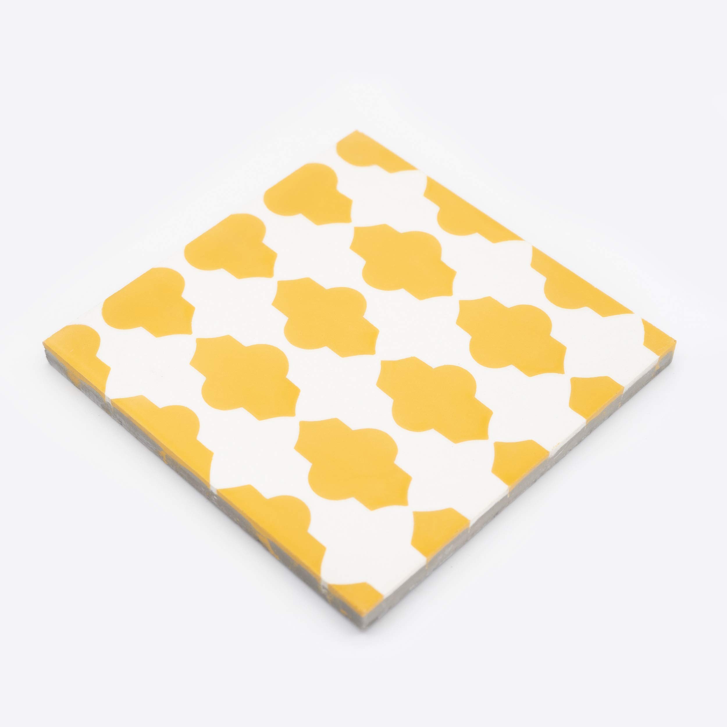 Handmade Moroccan Mosaic Cement Tiles - Pack of 12, Yellow & White Geometric Pattern - Tafrout Design for Kitchen Backsplash, Bathroom Floor, or Outdoor Patio Decor