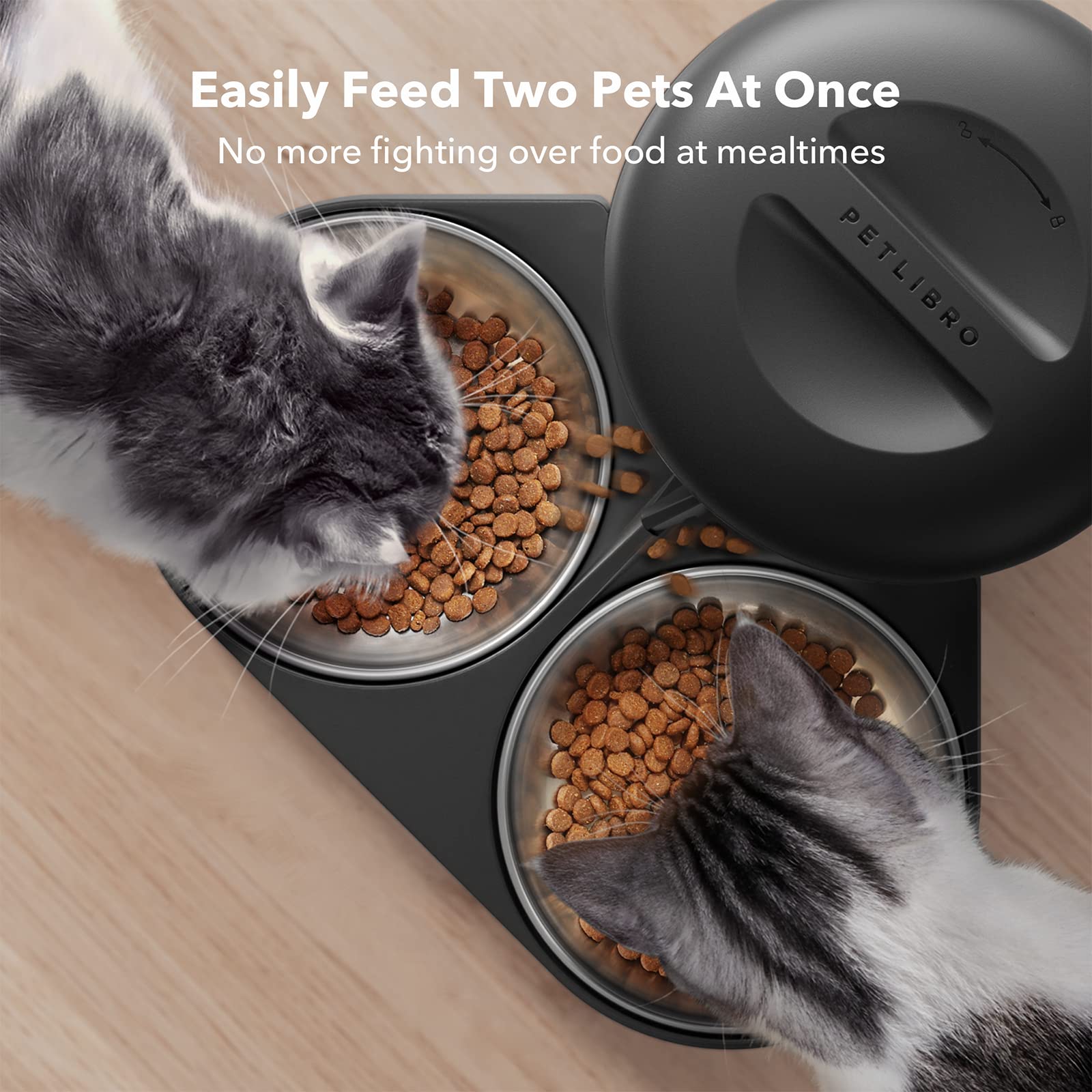 PETLIBRO Automatic Cat Feeder for 2 Cats - 5L Smart Dry Food Dispenser with Splitter & 2 Stainless Steel Bowls - 10s Meal Call, Timer Setting - 50 Portions, 6 Meals Daily - Perfect for Multi-Pet Homes & Vacation Feeding