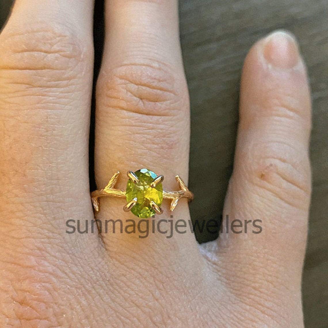 925 Sterling Silver Rose Gold Twig Ring with August Birthstone Peridot - Elegant Gemstone Engagement Ring for Women, Perfect for Anniversary, Wedding & Everyday Wear