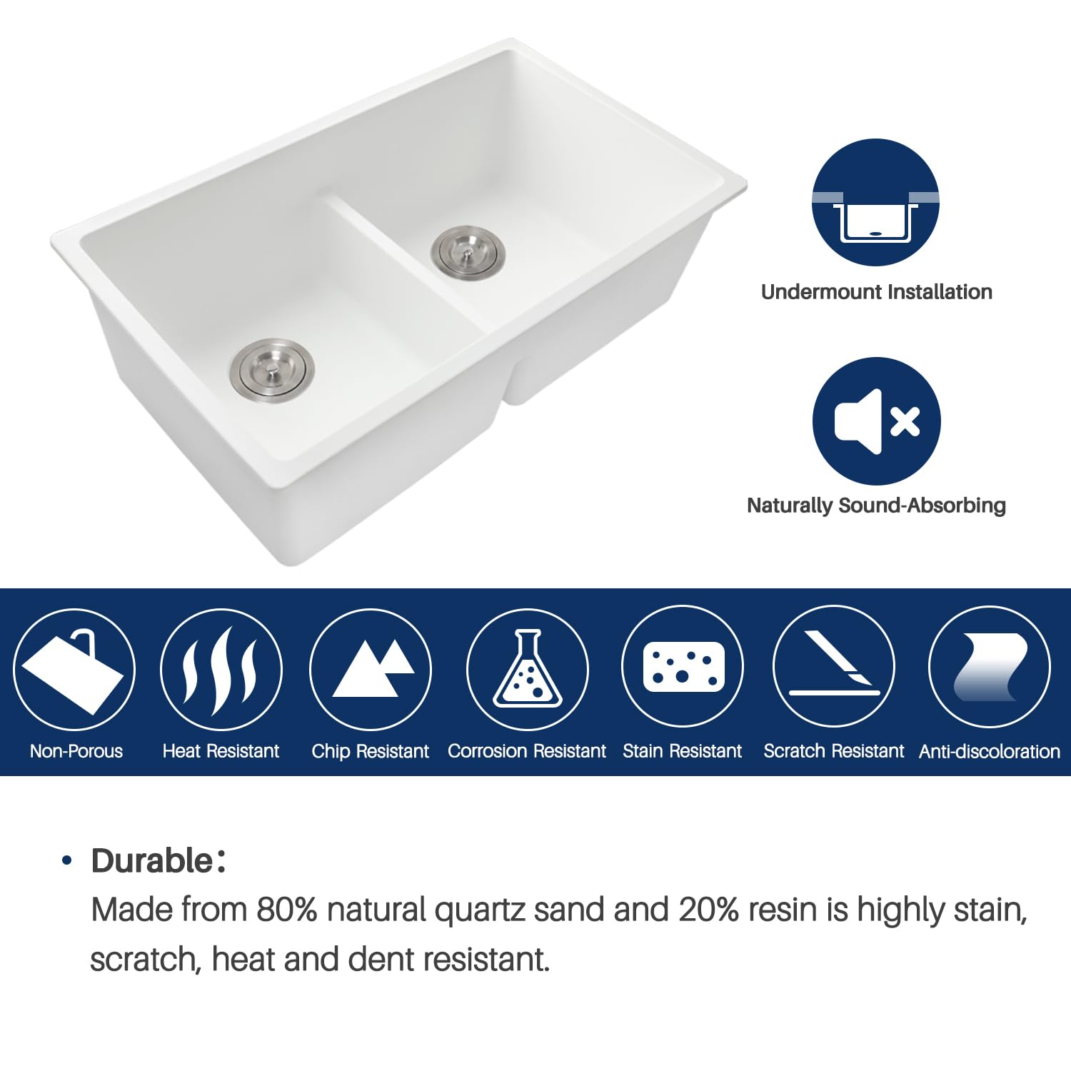 Enbol 31 Inch White Quartz Granite Composite Kitchen Sink - Durable Undermount Double Bowl, Scratch & Stain Resistant, Easy to Clean, Model 3118-W | Perfect for Modern Kitchens, Food Prep & Dishwashing