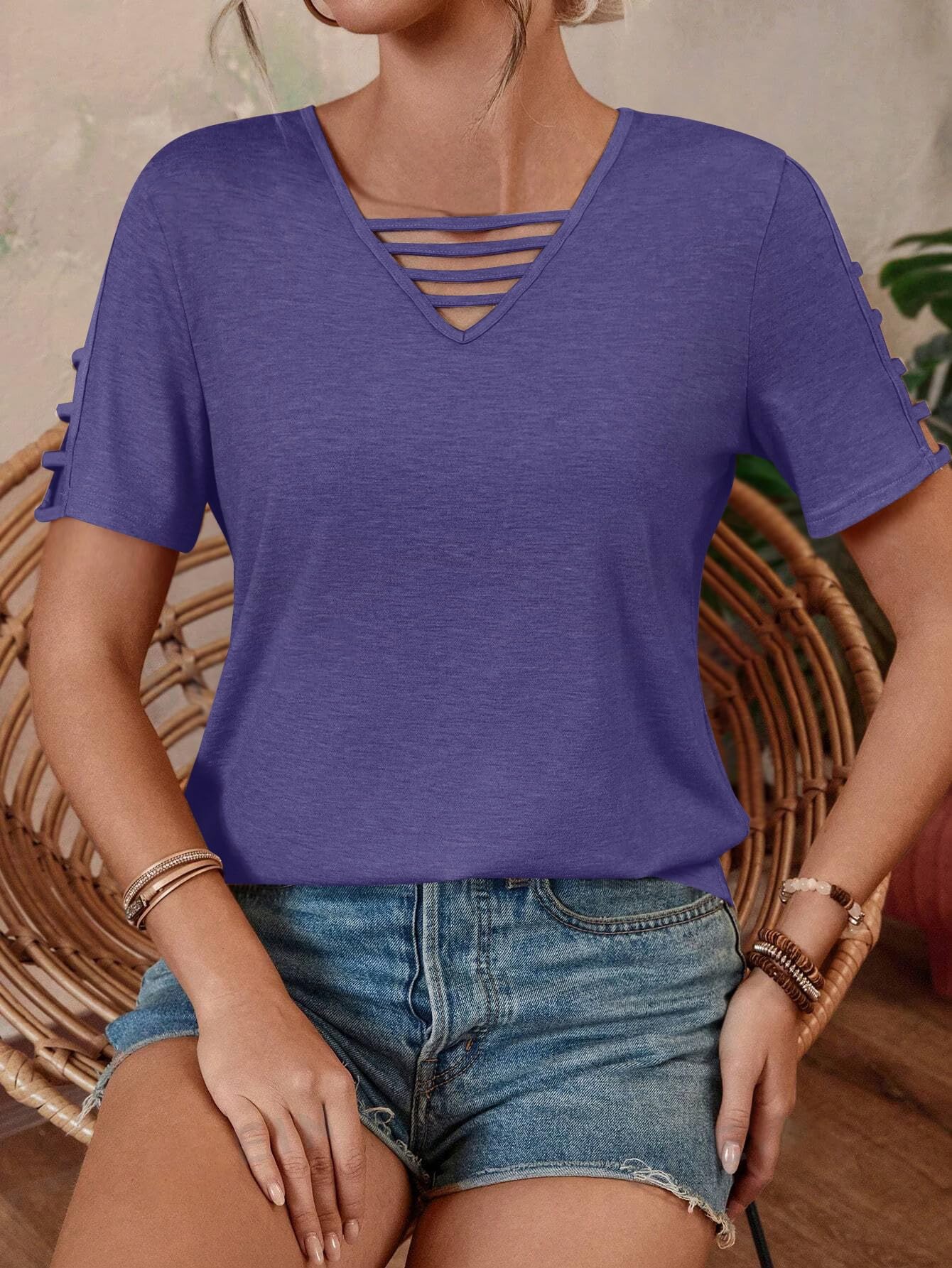 Women's Loose Fit V-Neck Hollow Out Short Sleeve T-Shirt - Summer Casual Basic Top for Beach Vacation 2025 | Perfect for Travel, Outing and Daily Wear