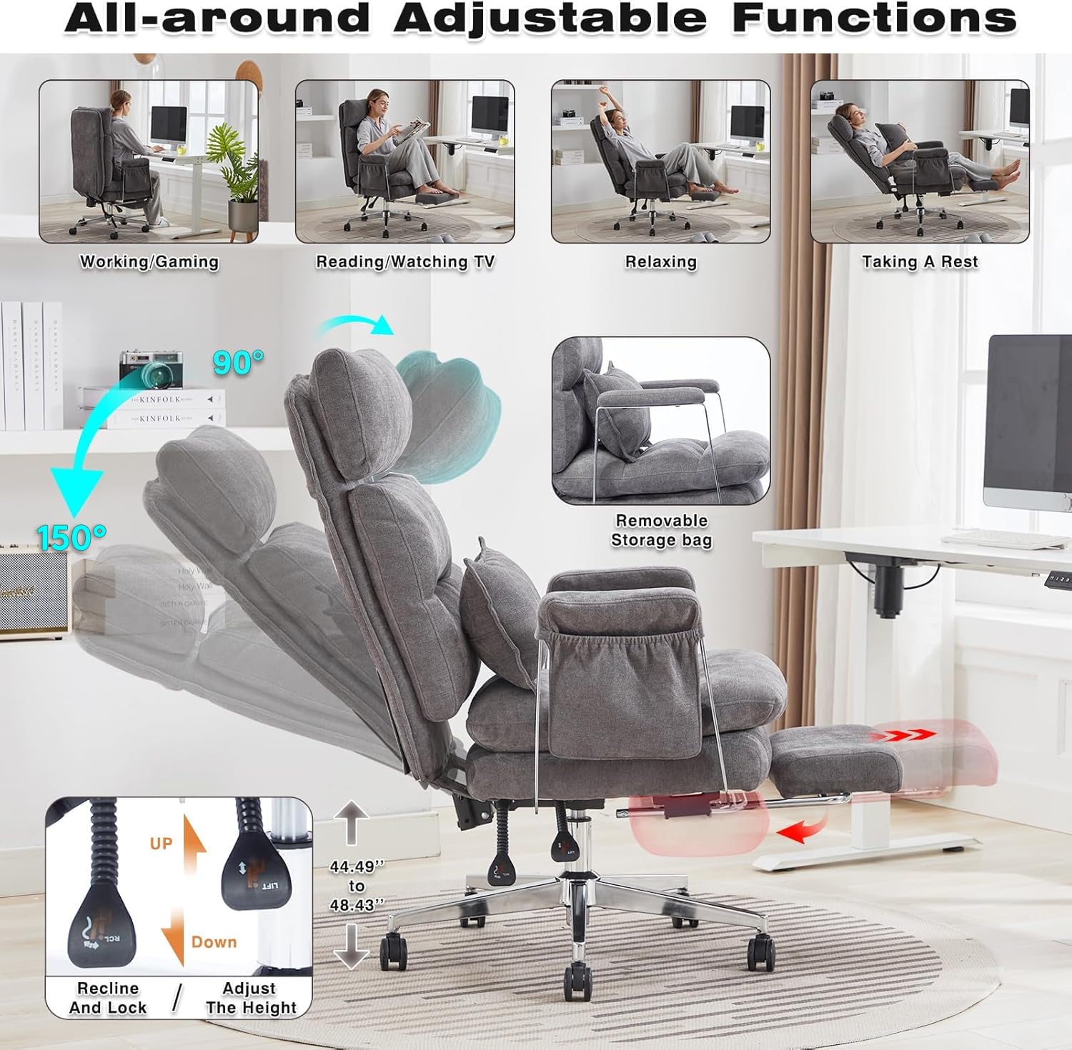 Big and Tall Ergonomic Office Chair with Footrest - Heavy Duty Stainless Steel Frame, High Back Reclining Chenille Fabric Chair with Lumbar Support & Spring Cushion (Koala Gray) - Perfect for Home Office, Gaming, and Workspace Comfort