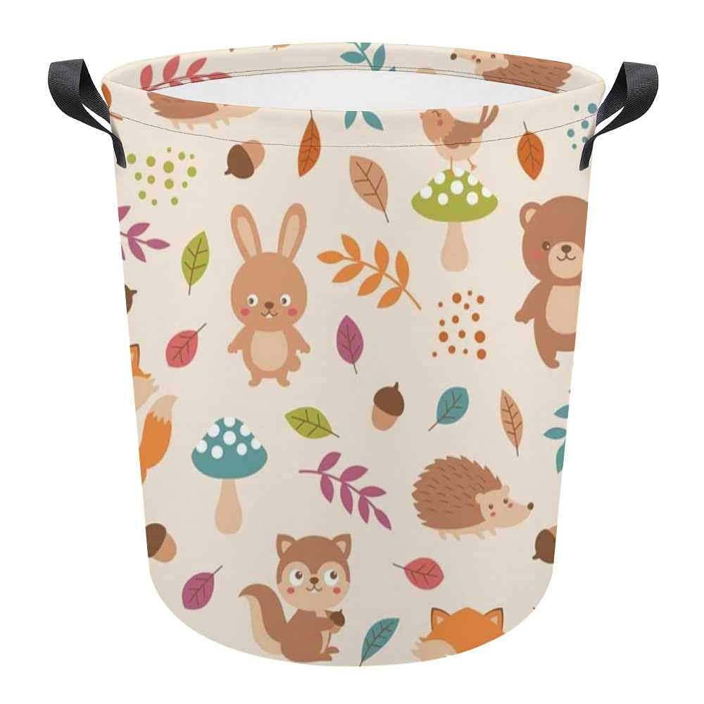 Waterproof Canvas Laundry Hamper Basket with Handles - Foldable Woodland Animals Toy Storage Organizer for Kids Room, Nursery, or Playroom | Durable Clothes Bin for Home Organization