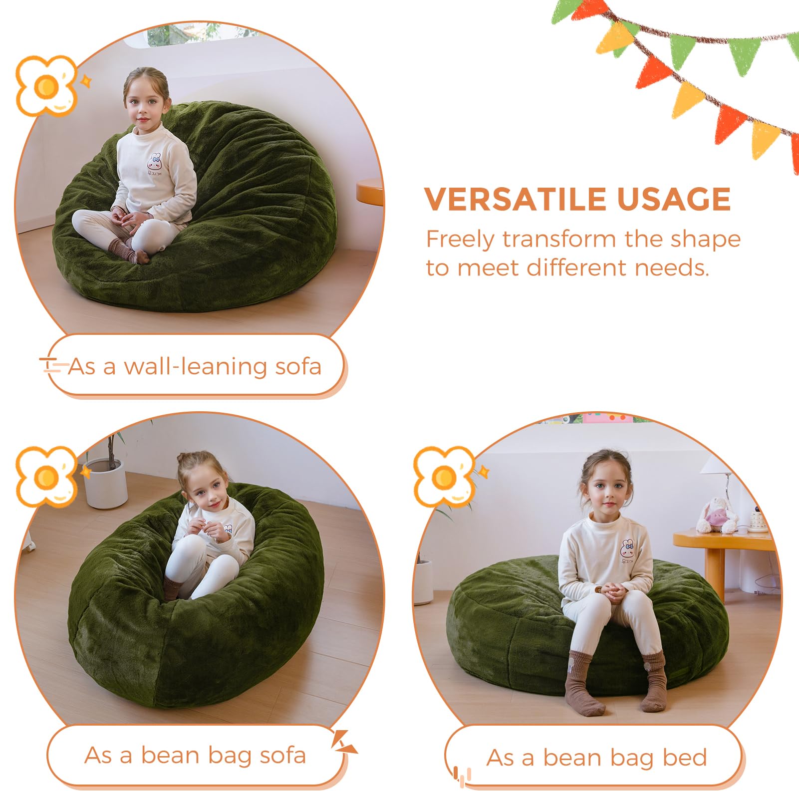 MAXYOYO 3-in-1 Kids Bean Bag Chair Bed - Convertible Faux Fur Round Floor Sofa for Children, Gaming & Reading - Soft Green - Perfect for Playroom, Bedroom & Dorm Decor