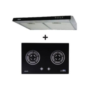 Ellane 60cm/90cm Slimline Hood with Black Panel EH 9160 & WG 2SV 80cm 2 Burner Glass Gas Cooker - Modern Kitchen Ventilation & Cooking Solution for Home Chefs