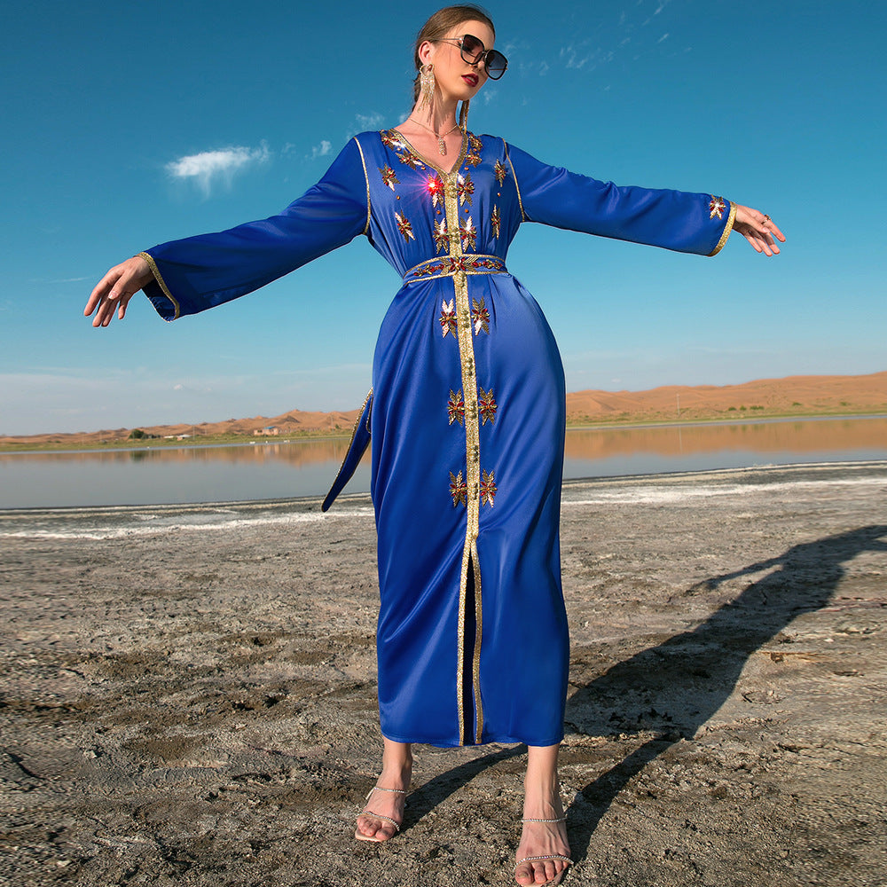 Elegant Dubai Kaftan Dress for Women - Hand Stitched Rhinestone Embellished Eid Abaya - Perfect for Eid Celebrations, Weddings & Special Occasions