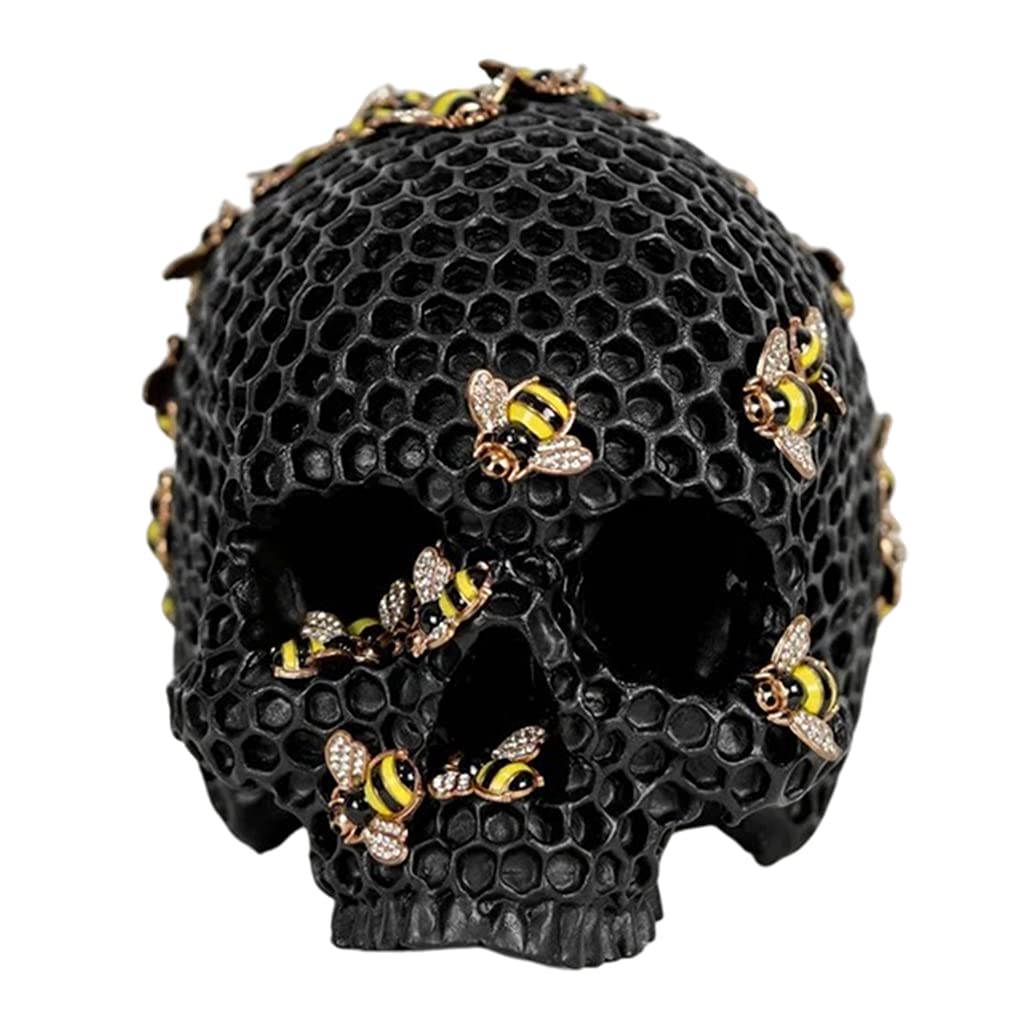 FAKEME Modern Honeycomb Skull Sculpture - Black Halloween Skeleton Head Statue for Desktop Decor, Gothic Home Decor, and Spooky Party Props | Perfect for Halloween, Horror Movie Nights, and Dark Aesthetic Room Decoration