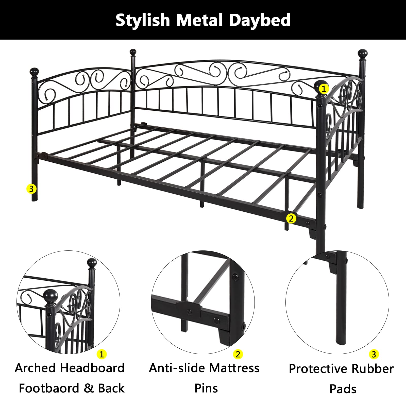 mikibama Metal Twin Size Industrial Daybed Frame - Space Saving Arched Victorian Black Guest Bed for Small Spaces | Perfect for Living Rooms, Studios & Dorm Rooms