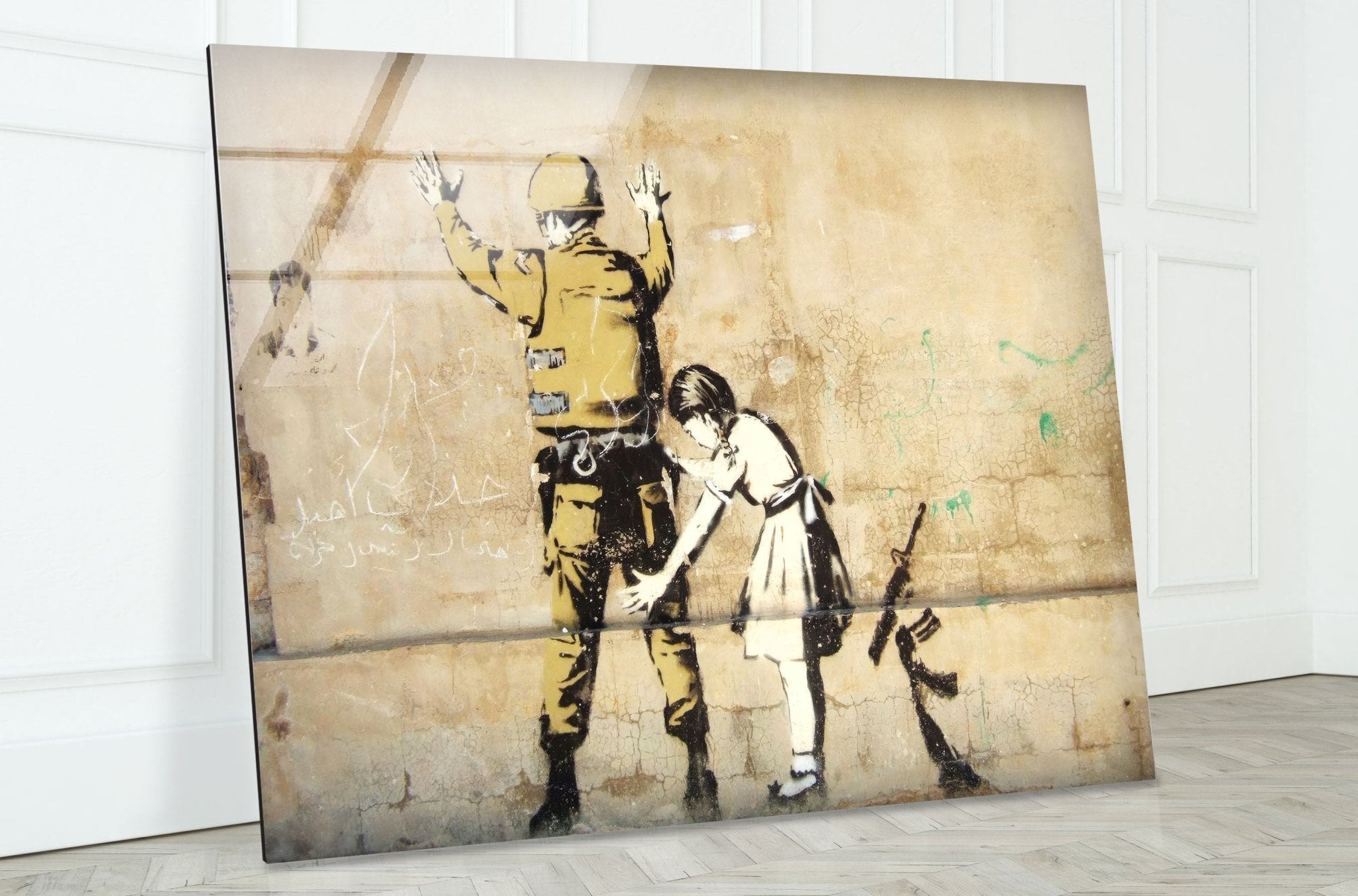 Banksy Girl Frisking Soldier Glass Wall Art - Stunning Home Decor for Living Room, Office & Gifts | Modern Framed Glass Print