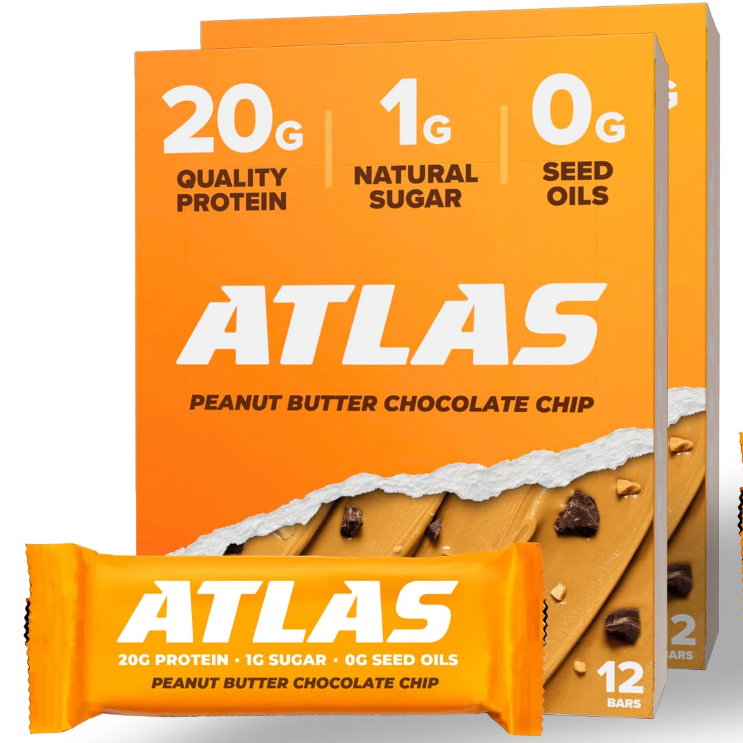 Atlas Protein Bar - High Protein 20g, Low Sugar 1g, Gluten Free, Clean Ingredients - Peanut Butter Chocolate Chip Flavor (Pack of 2, 24 Bars Total) - Perfect for Post-Workout Recovery, Healthy Snacking & On-the-Go Nutrition
