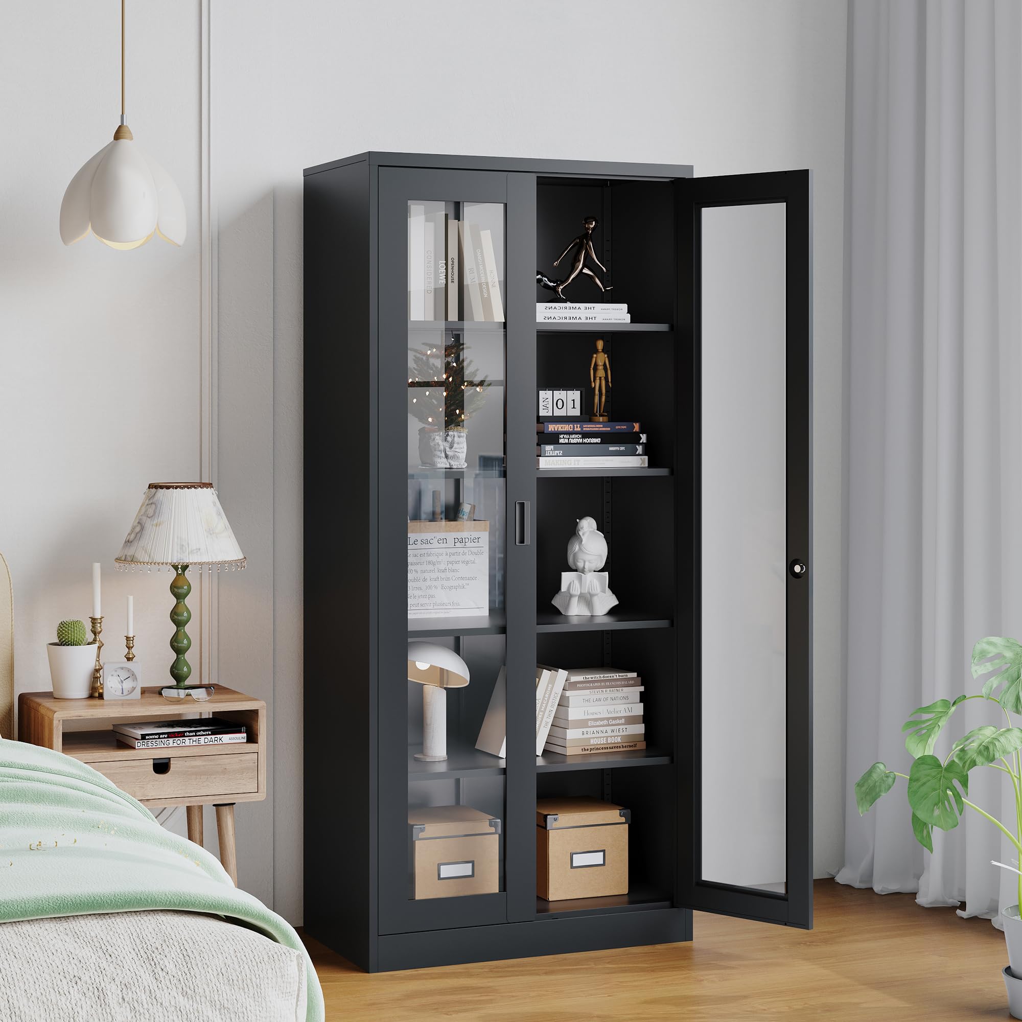 5-Tier Tall Bookcase Storage Cabinet with Tempered Glass Door & 4 Adjustable Shelves - Metal Display Curio Cabinet for Liquor, Books & Collectibles - Perfect for Home, Study, Living Room & Office Decor (Black)