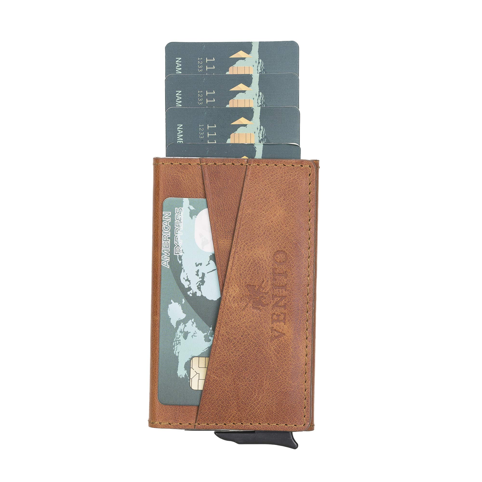 Venito Turin Premium Genuine Leather RFID Blocking Pop-Up Mechanical Card Holder Wallet - Slim & Durable for Credit Cards, IDs & Business Cards - Perfect for Travel, Office & Everyday Use