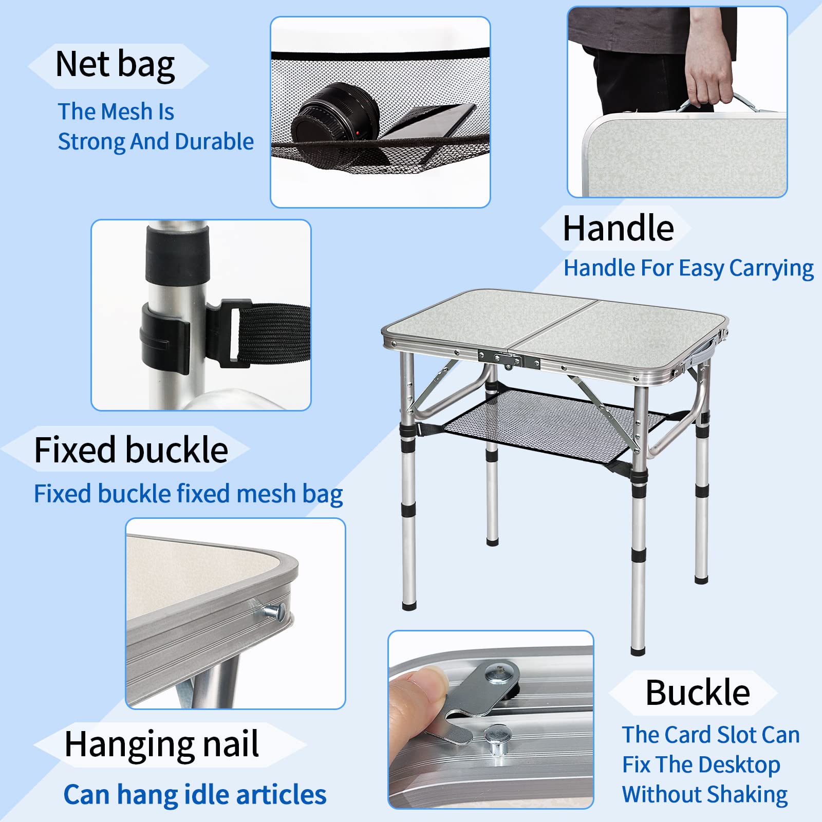 **Compact 3-Height Adjustable Folding Table - 2FT Portable Camping & Outdoor Table with Mesh Storage, White Metal Beach & Patio Table for BBQ, Picnics, and Travel**    *(Perfect for camping trips, beach outings, backyard BBQs, picnics, and small-space living!)*