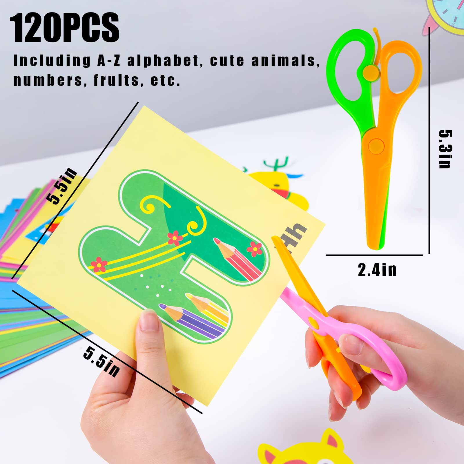 Koogel Kids Scissors Activity Book - 2 Safety Scissors & 120 Paper Sheets for Preschool Learning (Ages 3+) - Perfect for Early Childhood Development & Craft Time