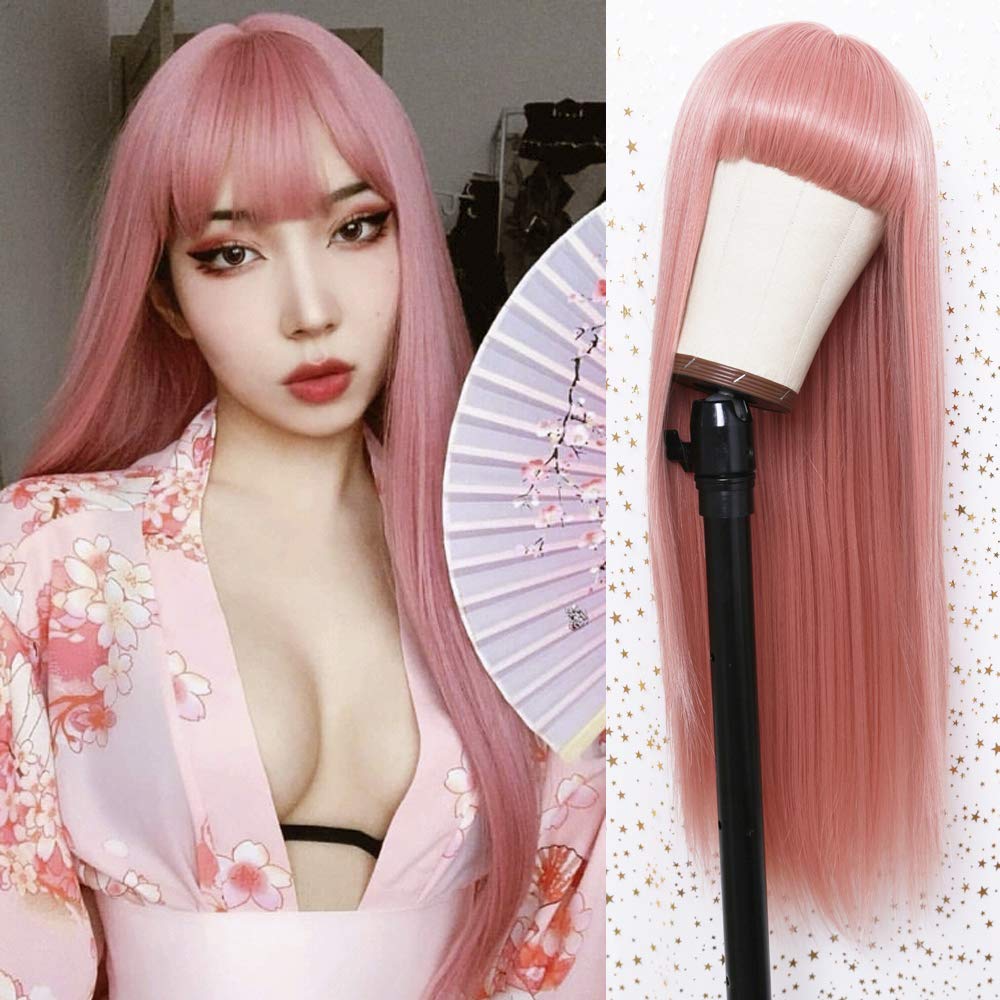Zero Two Pink Cosplay Wig with Bangs - 24 Inch Light Straight Synthetic Heat Resistant Hair for Anime Costume, Halloween Party & Egirl Fashion (Perfect for White Women)