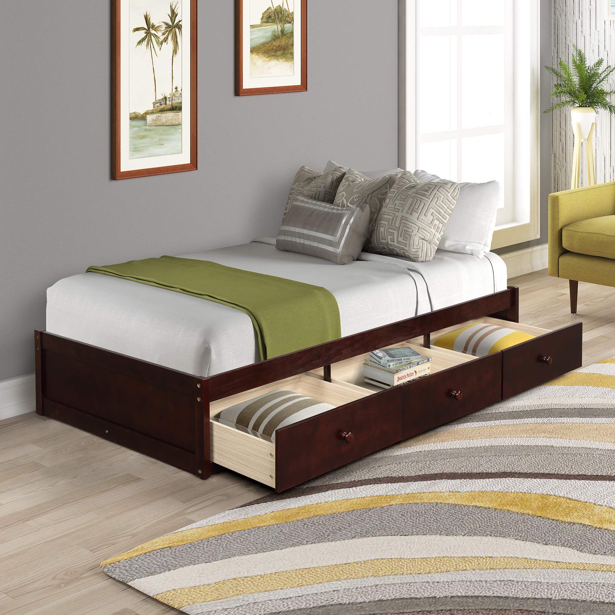 P PURLOVE Twin Size Bed Frame with 3 Storage Drawers, Sturdy Wooden Platform Bed with Slats - No Box Spring Needed, Space-Saving Storage Solution for Small Bedrooms, Dorms & Apartments