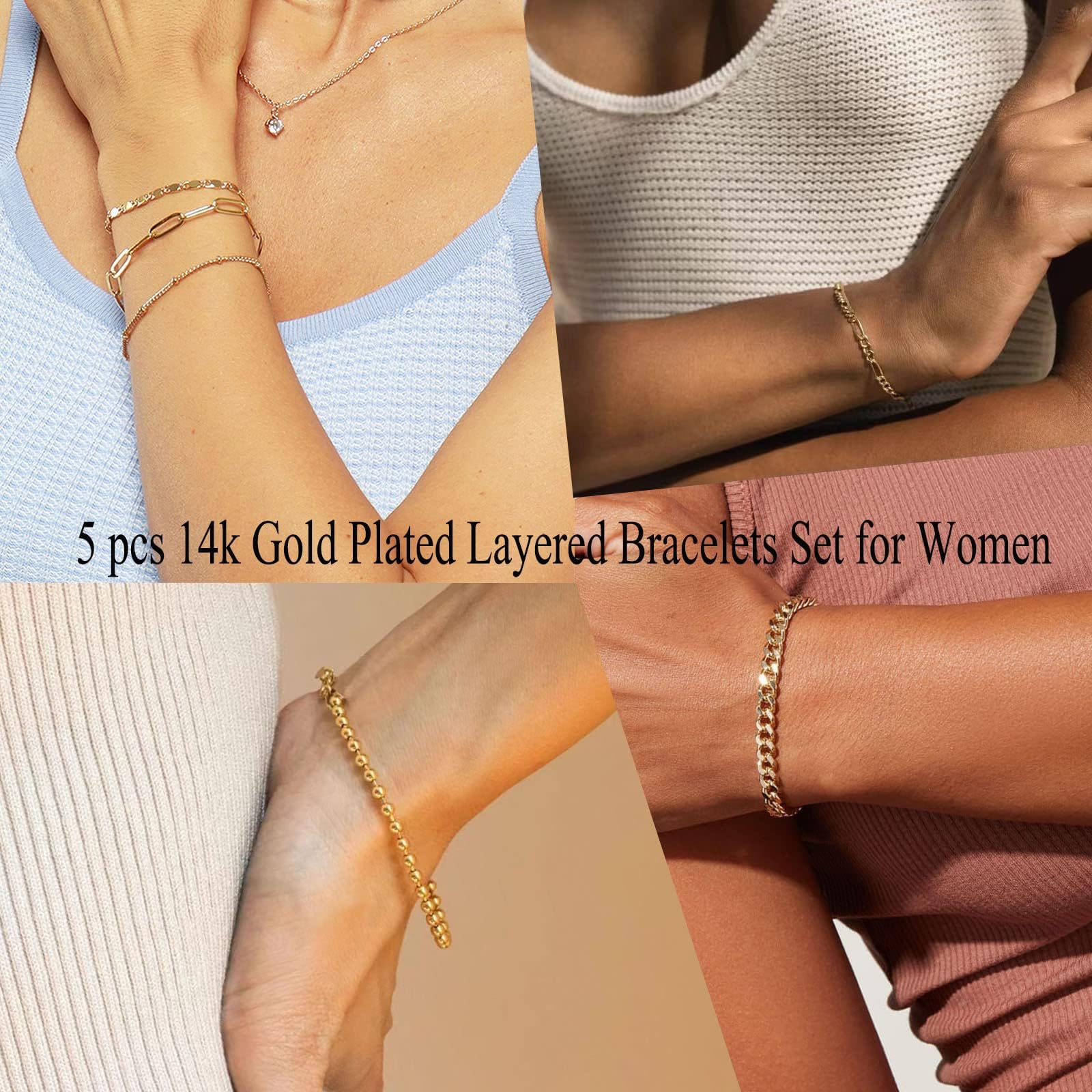 14K Gold Plated Women's Bracelet Set - Trendy Dainty Paperclip & Cuban Link Chain Cuff Bracelets, Adjustable 7