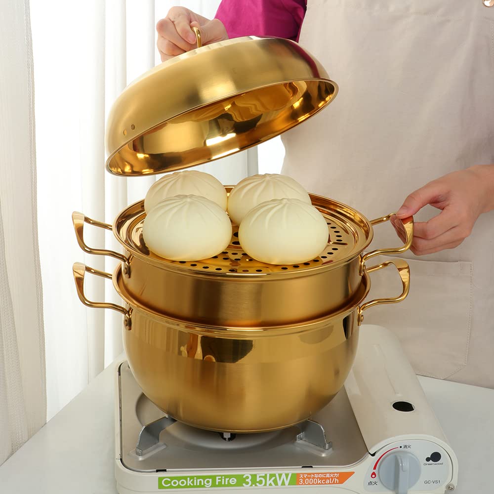 Premium Stainless Steel Steamer Cookware Set - 3-Piece Multi-Layer Cooking Pot for Vegetables, Dumplings, Stocks & Sauces (Gold) - Perfect for Healthy Meal Prep, Asian Cuisine & Home Cooking