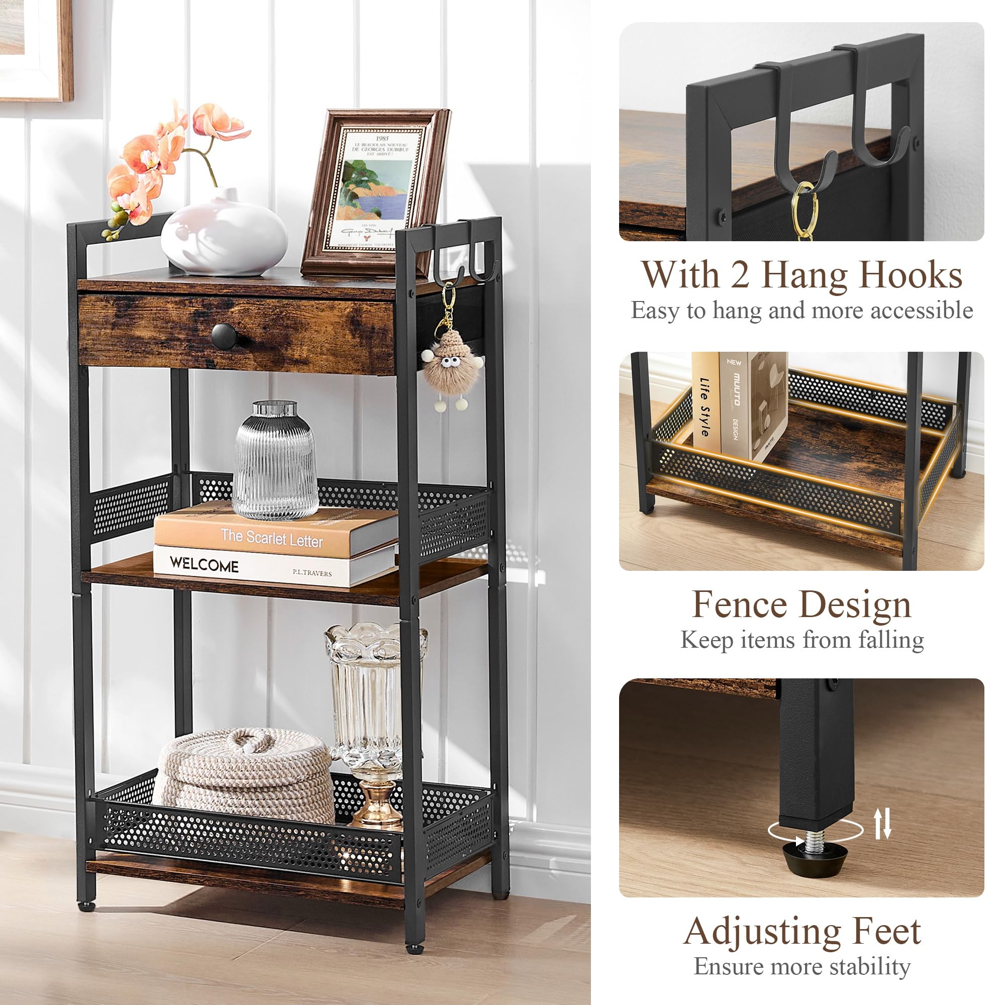 FAVOOSTY 3-Tier Bathroom Ladder Shelf with Drawer - Freestanding Towel Rack, Storage Organizer for Bath Essentials, Books & Decor - Rustic Brown Wooden Shelf for Bathroom, Living Room & Balcony | Perfect for Small Space Organization & Home Decor