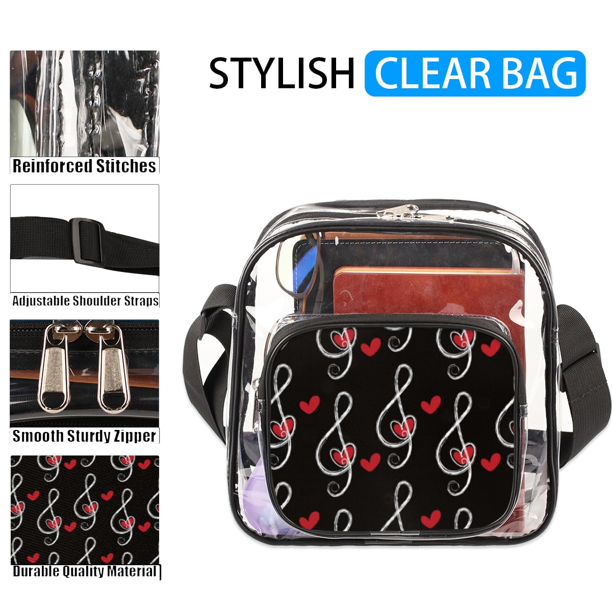 Music Note Clear Crossbody Purse Bag - Stadium Approved Transparent Shoulder Bag for Concerts & Sports Events - Heart Musical Note Design Clear Tote for Women & Men - Perfect for Festivals, Games, and Night Out