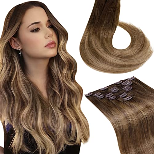 LAAVOO 14 Inch Clip in Hair Extensions - 7pcs/120g Real Human Hair, Balayage Medium Brown to Light Brown with Golden Highlights | Double Weft, Thick & Silky Soft | Perfect for Parties, Weddings & Daily Styling