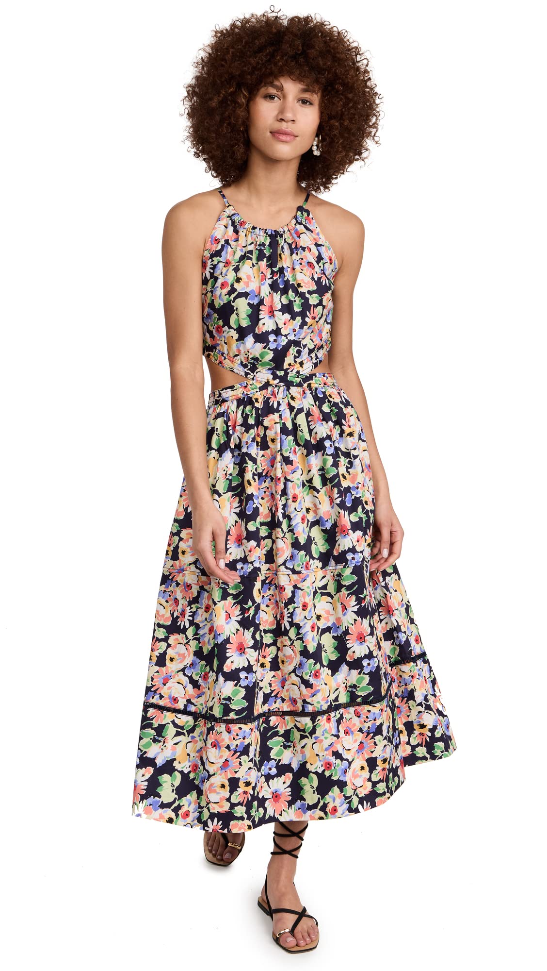 Something Navy Women's Floral Cut Out Midi Dress - Elegant Summer Dress with V-Neck & Side Slits for Date Night, Wedding Guest & Beach Vacation