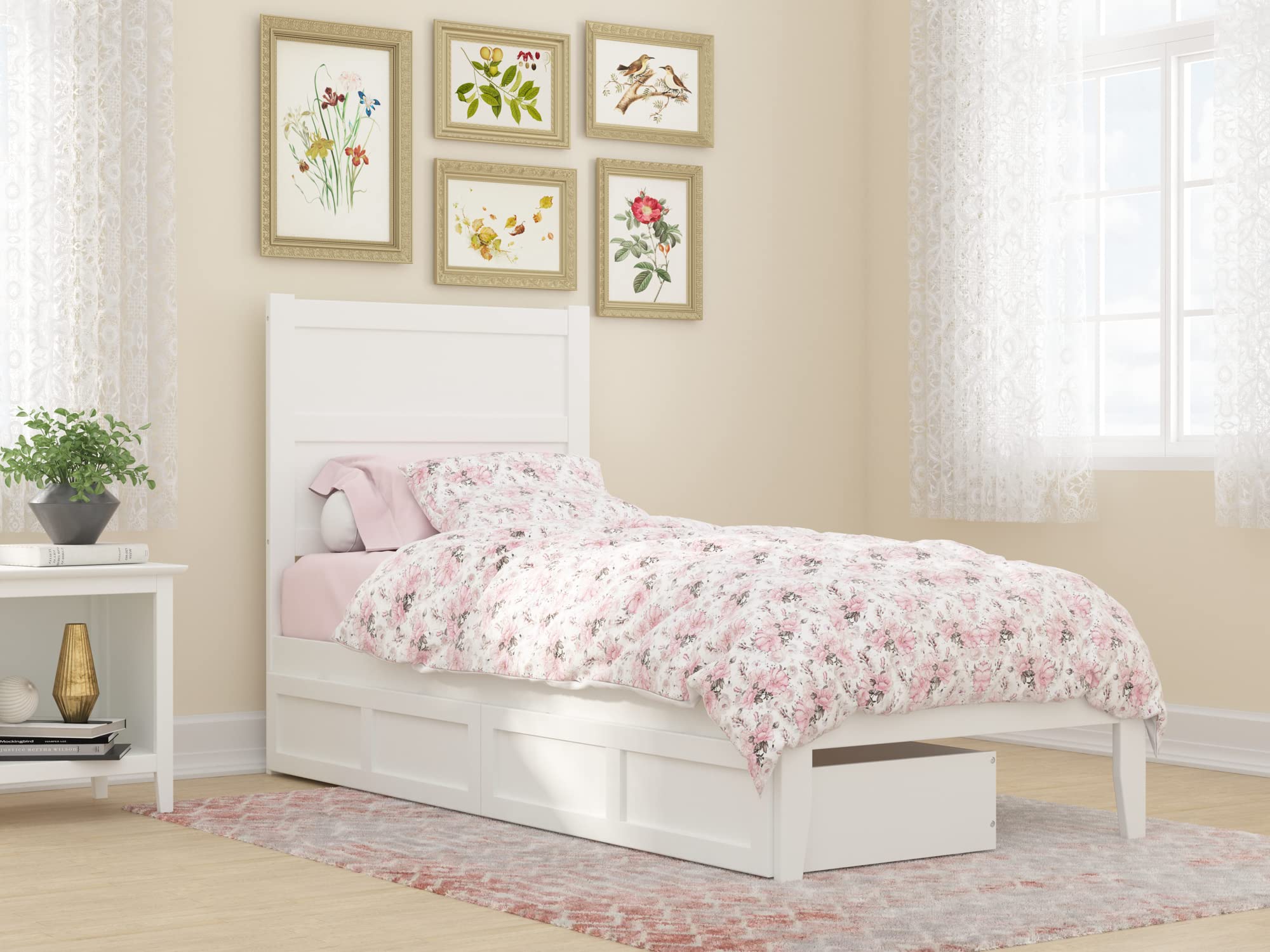 AFI NoHo Twin XL Size Platform Bed with Storage Drawers & USB Charging Station - White Modern Wooden Bed Frame for Small Spaces, Dorm Rooms & Guest Bedrooms