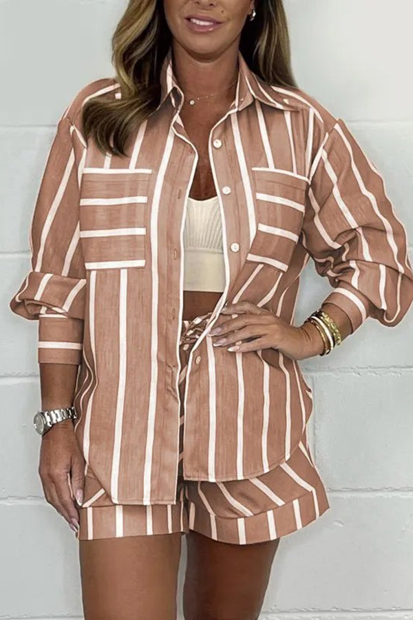 Stylish Striped Print Lapel Long Sleeve Shirt & Elastic Waist Loose Shorts Set - Casual Summer Outfit for Women, Beach Vacation, Streetwear Fashion