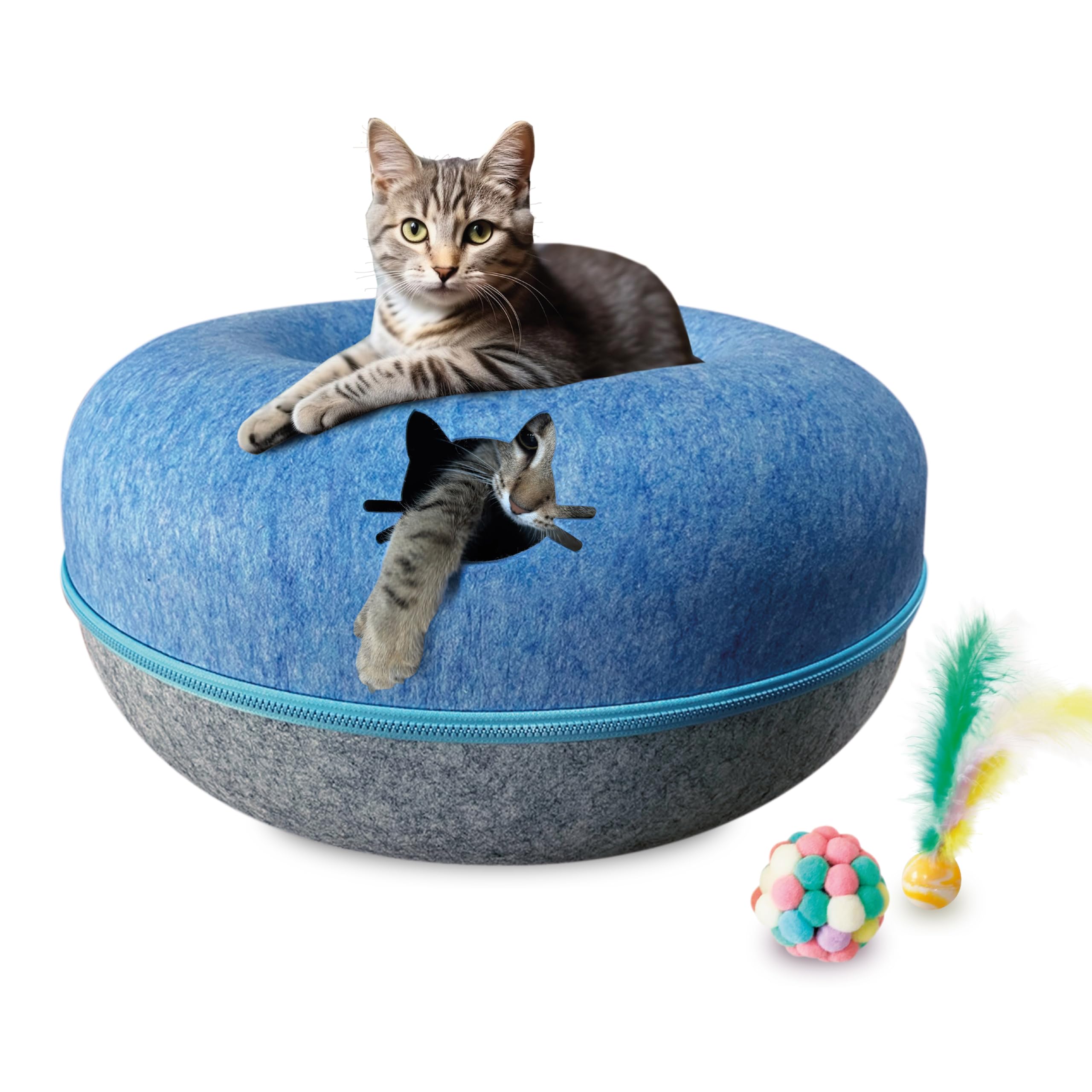 XL Cat Tunnel Bed for Indoor Cats - Donut Cat Cave for Play & Sleep