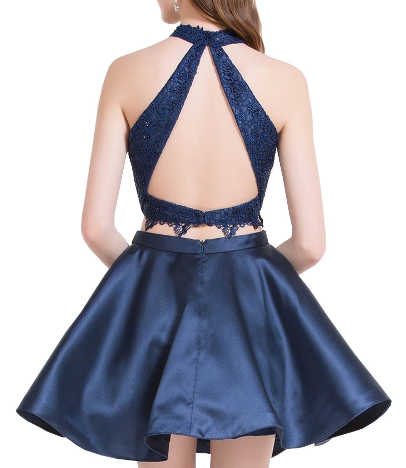 Elegant Women's Satin Lace Halter Short Prom Dress 2 Piece Set - Sexy Homecoming Party Dress for Prom Night, Cocktail Party & Special Occasions
