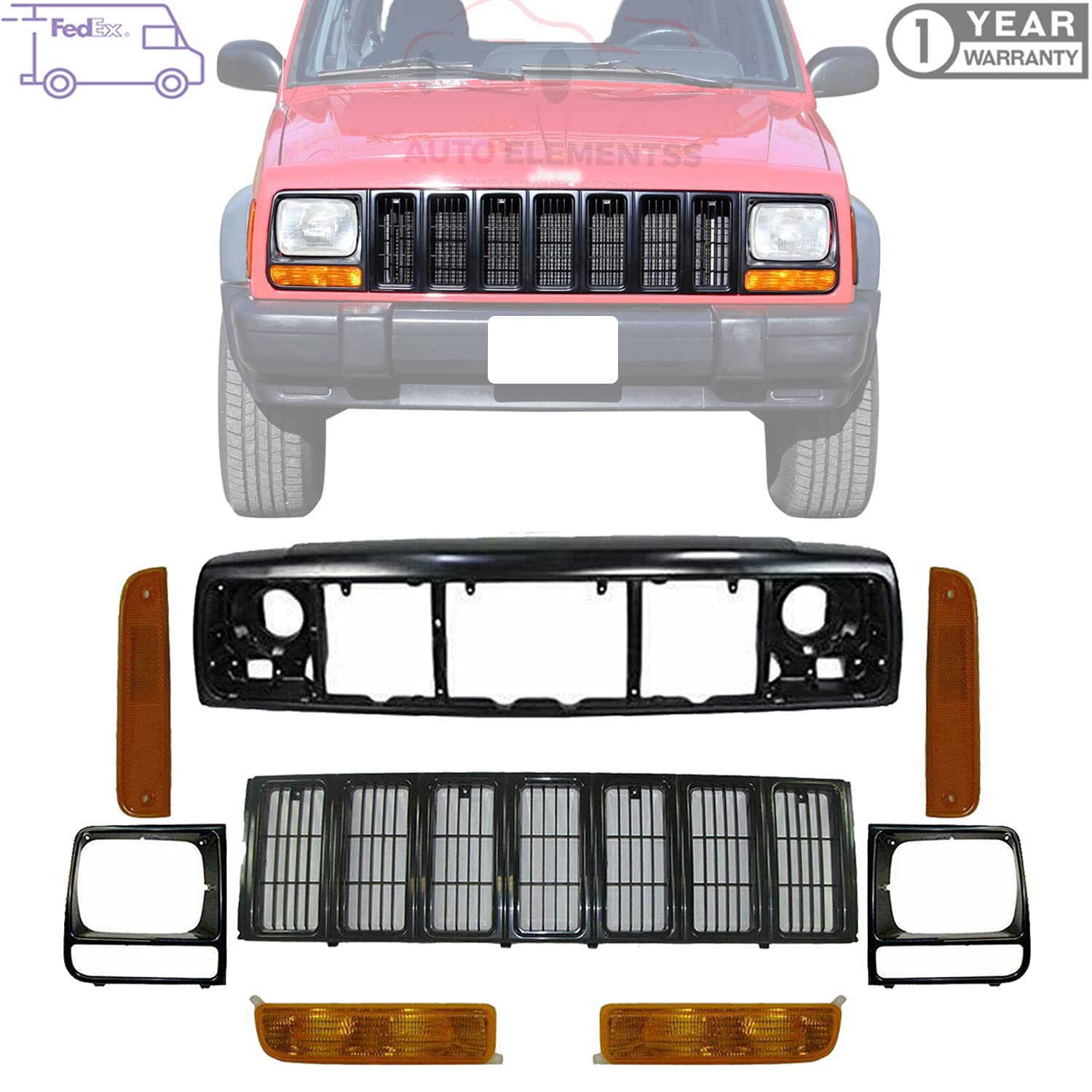 1997-2001 Jeep Cherokee Grille Assembly Black with Header Panel, Headlight Bezel Trims & Signal Corner Lights - Direct Replacement Parts for Off-Road & Daily Driving