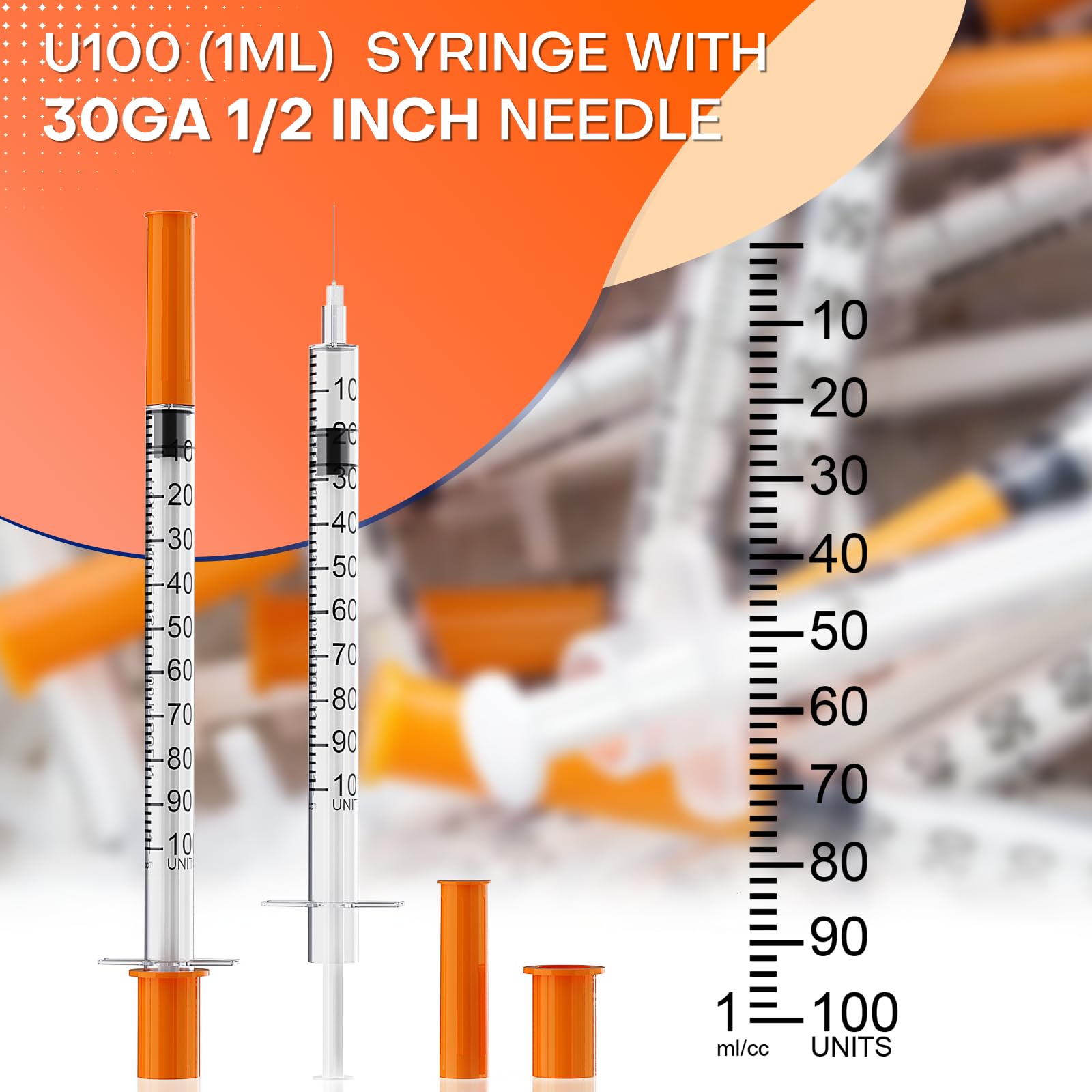 U-100 1cc 30G 1/2 Inch Insulin Syringes - Individually Sealed, Sterile, Pack of 100 - Perfect for Diabetes Care, Pet Injections & Medical Use
