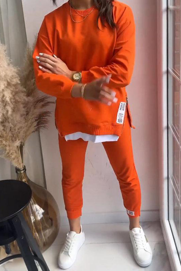 Solid Color Round Neck Long Sleeve Sweatshirt & Elastic Waist Pants Set - Women's Casual Loungewear for Home, Yoga, and Everyday Wear