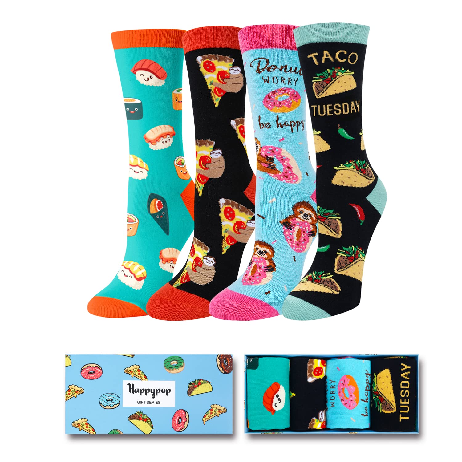HappyPop Funny Food Socks 4-Pack - Taco Avocado Dental Teeth Design for Nurses, Dentists & Book Lovers - Perfect Gifts for Medical Professionals & Reading Enthusiasts - Great for Work, Holidays & Cozy Home Wear