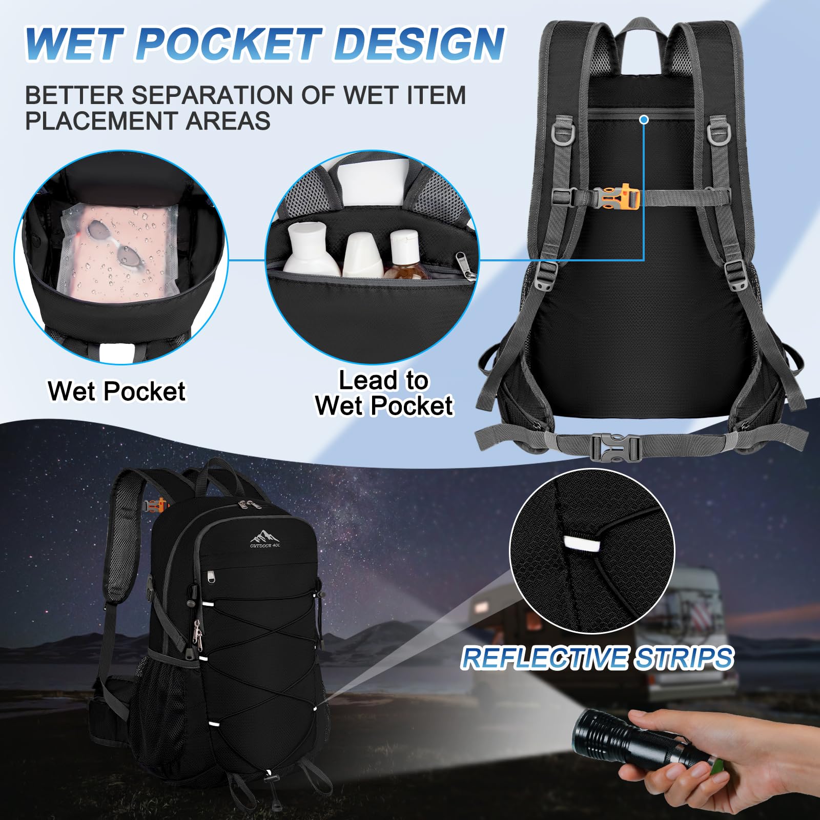 BKNOOU 40L Lightweight Hiking Backpack - Waterproof Foldable Daypack for Camping & Travel - Compact Packable Backpack for Men & Women - Perfect for Outdoor Adventures, Day Hikes & Weekend Getaways