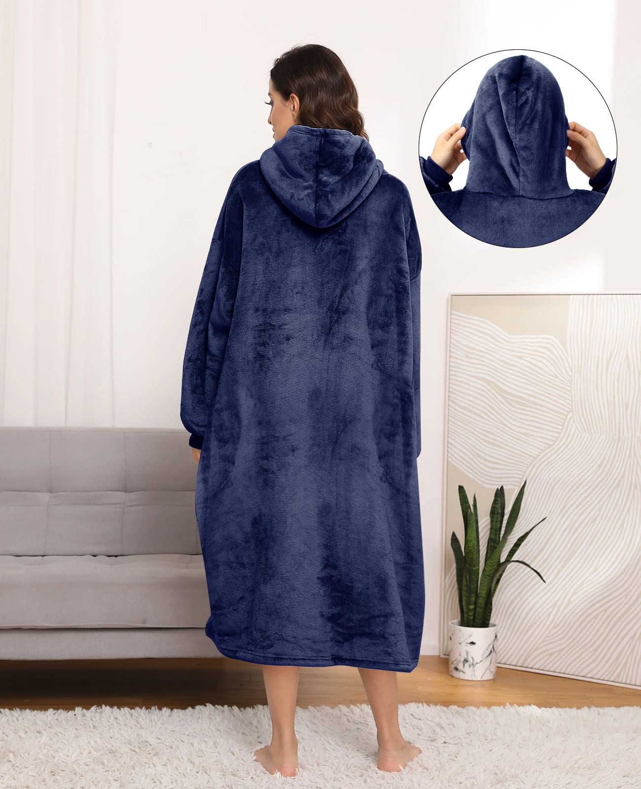 Sendowtek Wearable Blanket Hoodie for Women & Men - Soft Sherpa Fleece Long Hooded Blanket with Giant Pocket, One Size Fits Adults & Teens - Perfect for Lounging, Camping & Cold Weather (Navy Blue)