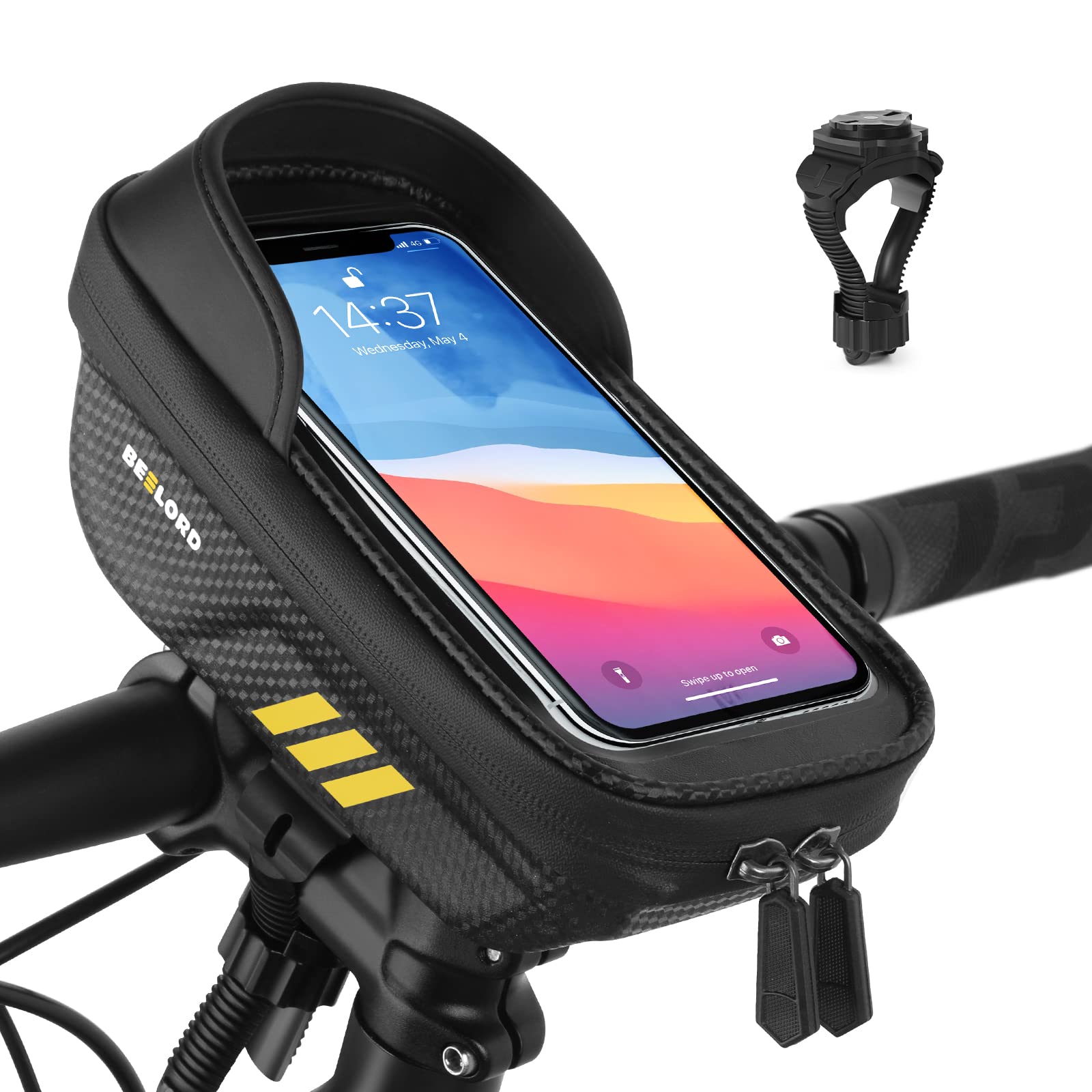 BEELORD Waterproof Bike Frame Bag - Top Tube Phone Mount Pouch with Touch Screen & Rain Cover, Compatible with 6.5