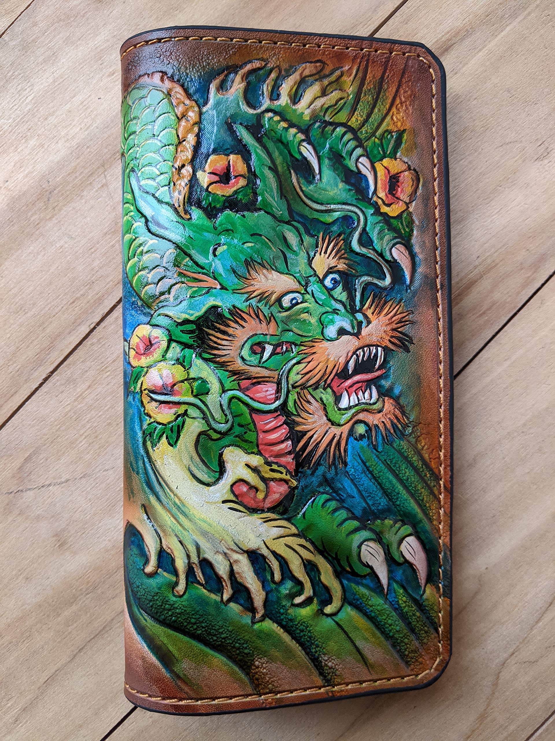 Handmade 3D Genuine Leather Wallet for Men - Long Biker Wallet with Hand-Carved Dragon Design - Custom Personalized Leather Wallet for Everyday Use & Gift Giving