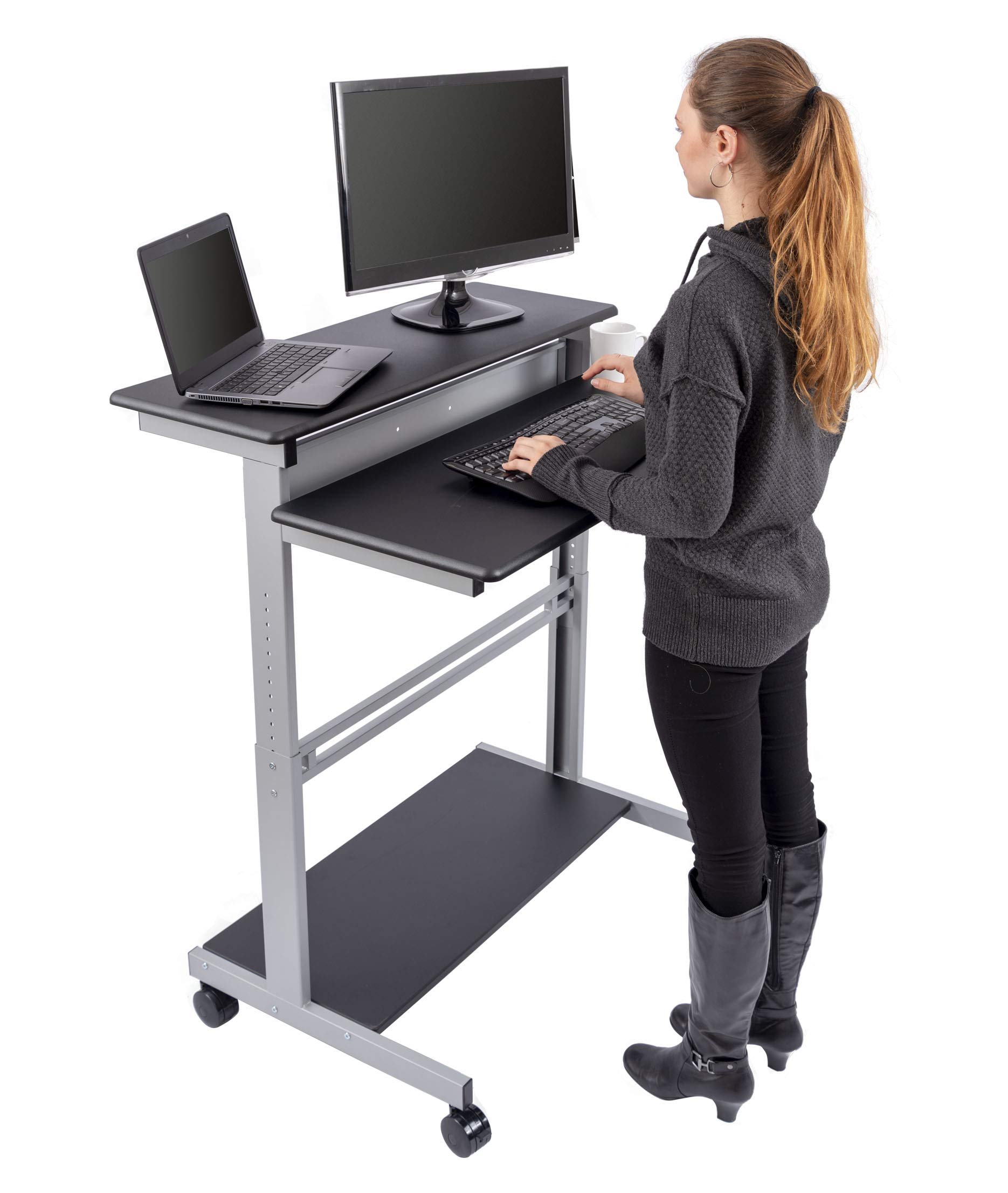 Adjustable Height Rolling Standing Desk with Two-Tier Shelves - Silver Frame & Black Top (40