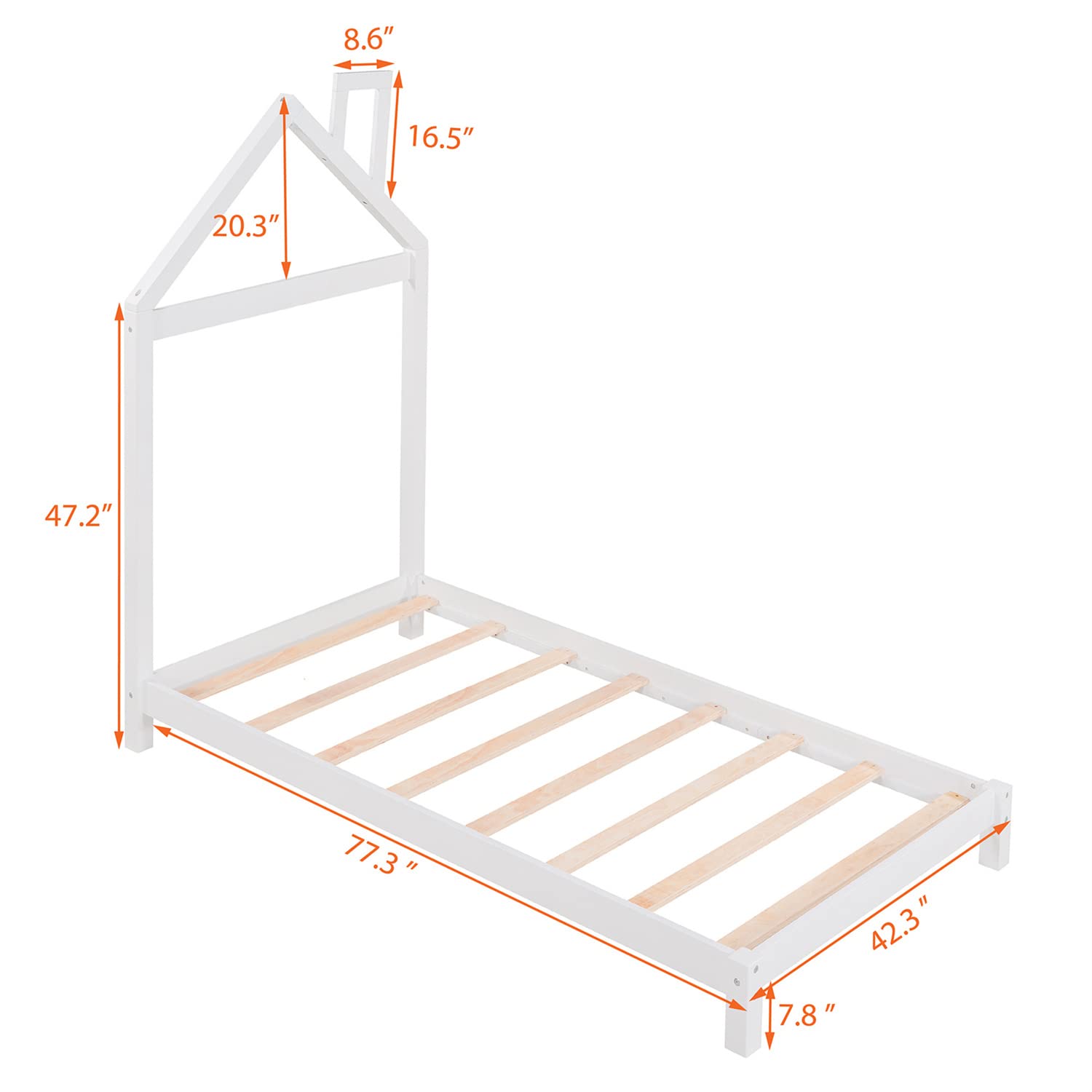 Twin Size White Platform Bed with House Shape Headboard - Low Profile Wooden Slat Support Bed Frame for Kids, Boys, Girls & Juniors - Perfect for Bedrooms, Dorms & Playrooms