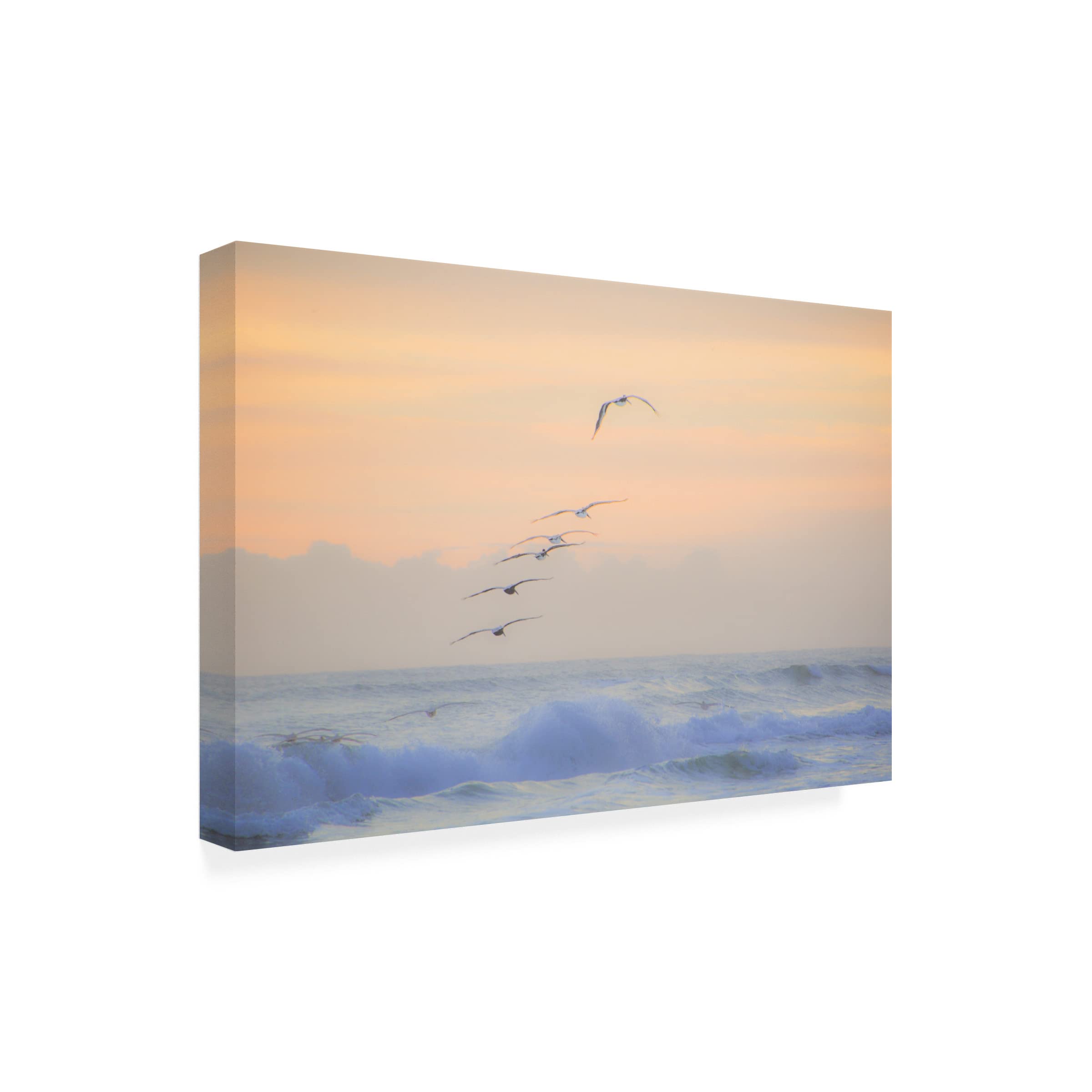 Blue Palomino 'Pelicans Over Lavender Wave' Canvas Wall Art - Handmade Coastal Decor for Beach House, Living Room & Bedroom