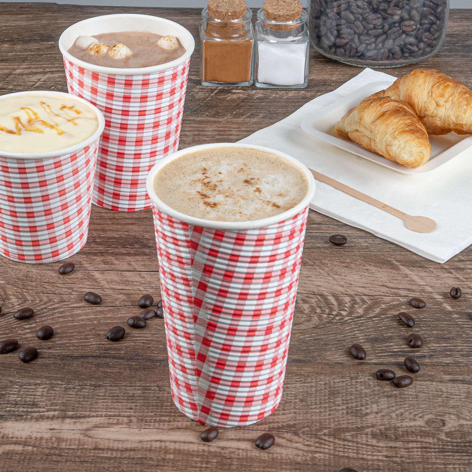 16 oz Disposable Paper Coffee Cups with Picnic Print - Spiral Wall Design - 3.5