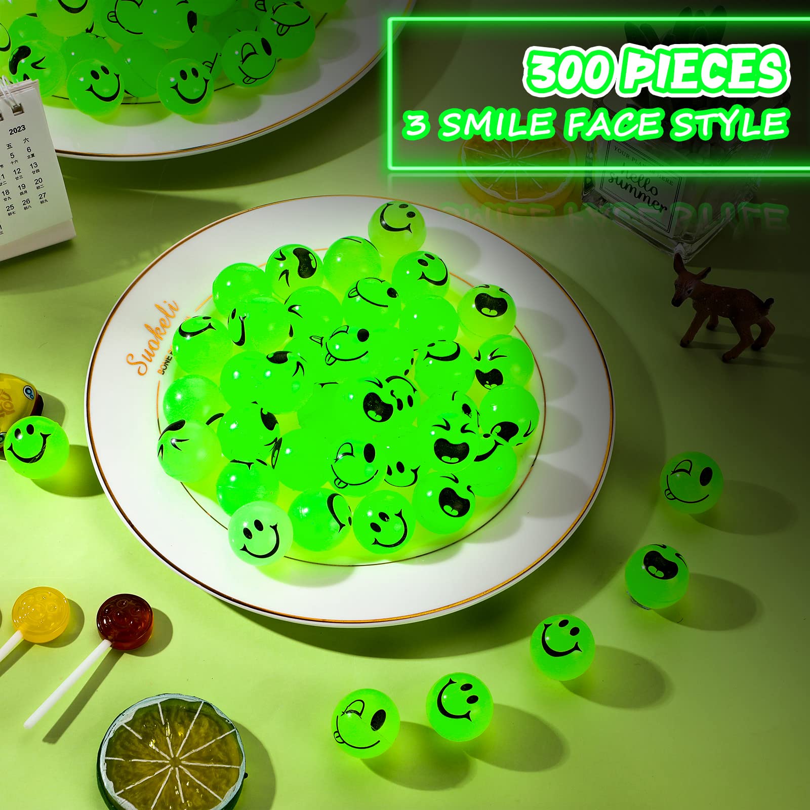 300 Pack Glow in the Dark Bouncy Balls - 1 Inch High Bounce Smiley Face Balls (3 Styles) for Kids Party Favors, Birthday Goodie Bags, Classroom Rewards & Stress Relief Toys - Bulk Bouncy Ball Gift Fillers