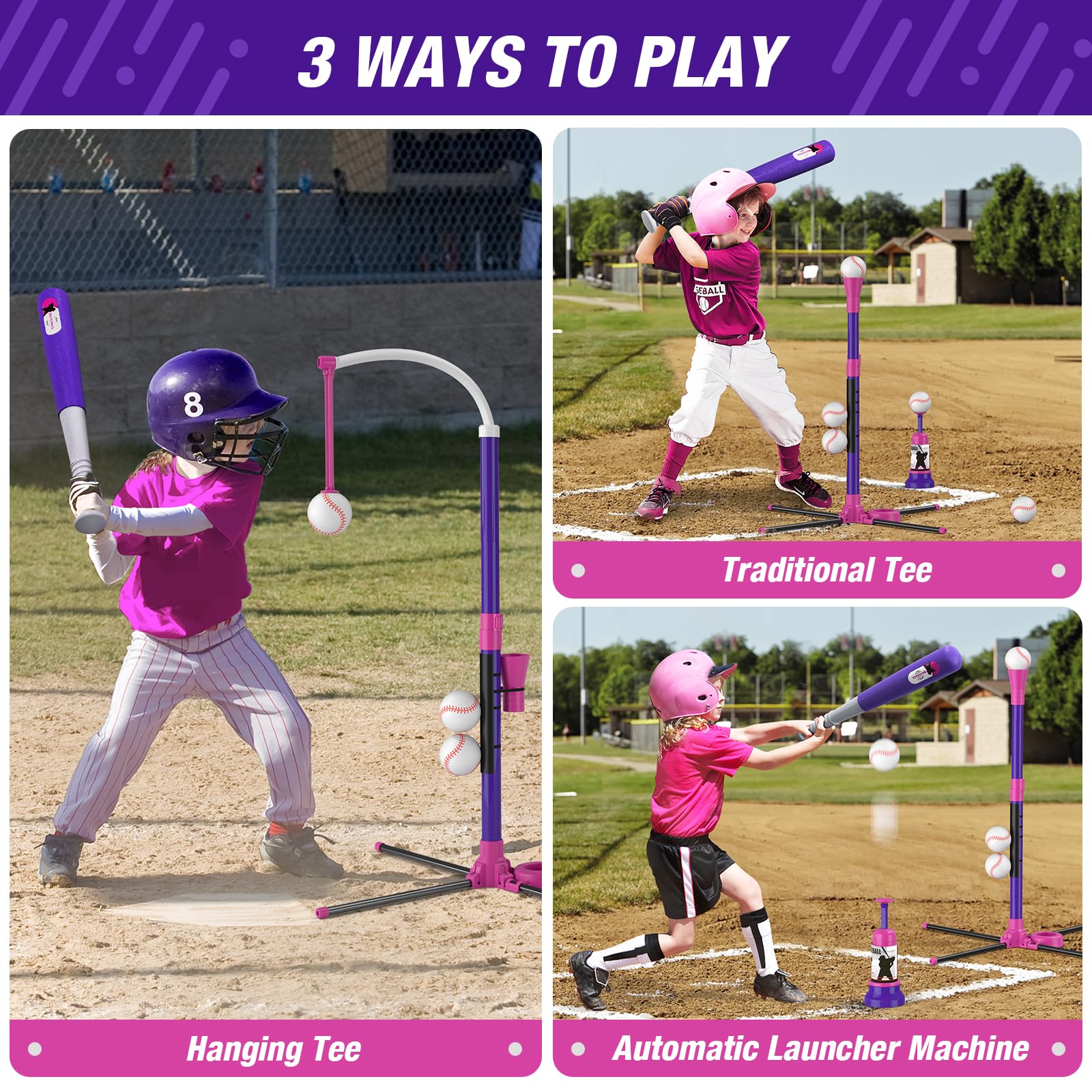 HYES 3-in-1 Adjustable Height Baseball Set for Kids Ages 3-5 - Includes Baseball, Ball Holder, Pitcher & 6 Softballs - Perfect for Backyard Practice, T-Ball Training & Outdoor Sports Activities (Purple)