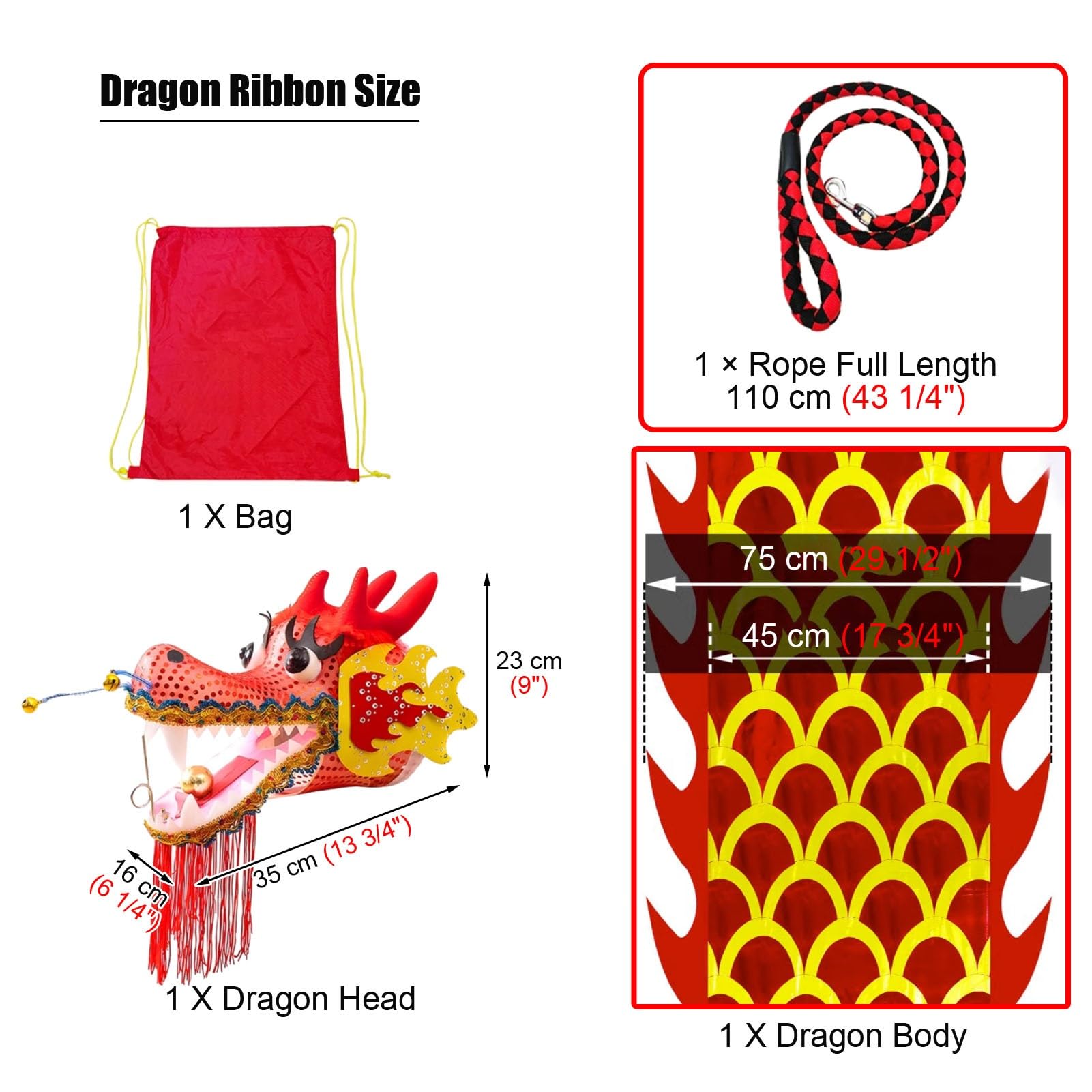 LED Dragon Poi - Illuminated Dragon Dance Ribbon Streamer with Light, 20ft Wu Long Dragon Flinging Ribbons for Outdoor Sports & Fitness Performance - Perfect for Fire Dancing, Flow Arts, Festivals & Night Performances (Red)