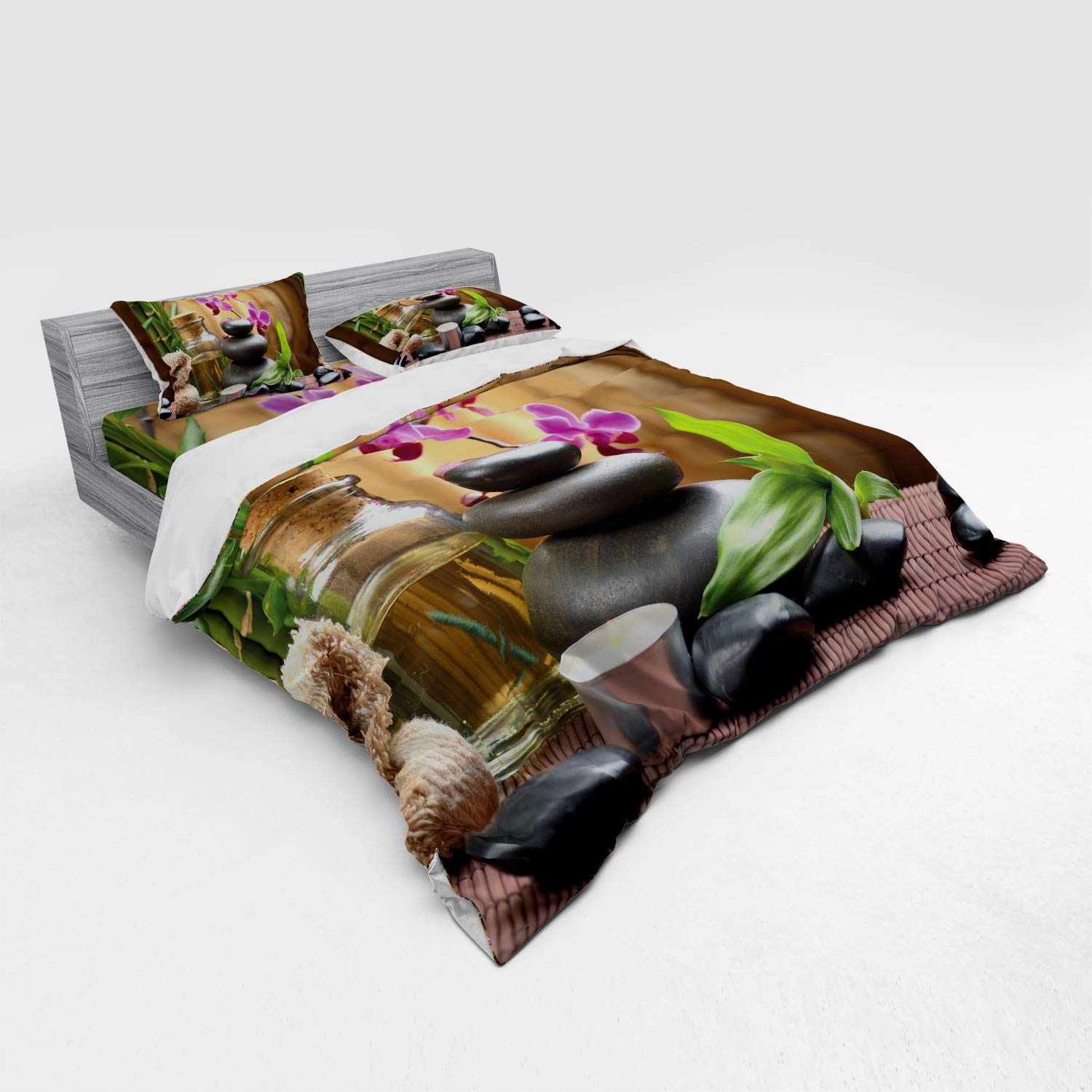 Ambesonne 4-Piece Spa Duvet Cover Set - King Size Purple Black Green Healing Stones & Flowers Print Bedding with Shams & Fitted Sheet | Relaxing Bedroom Decor for Stress Relief & Meditation Retreat