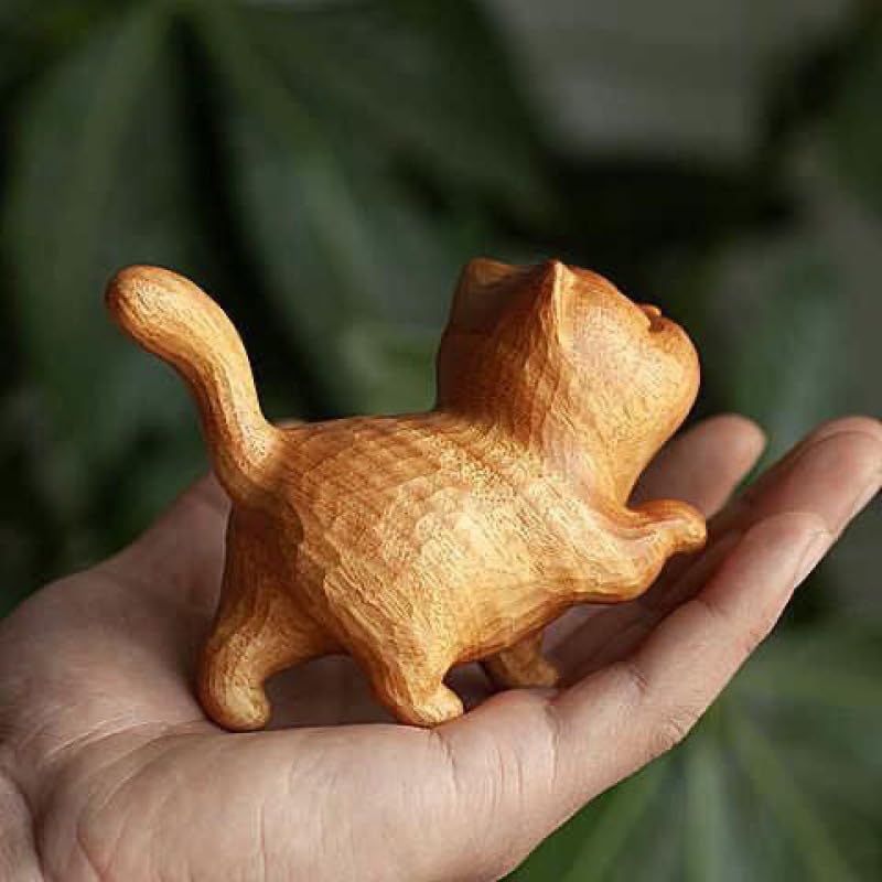Handmade Wooden Cat Sculpture - Tiny Cute Carved Wood Cat Figurine, Unique Home & Office Decor, Perfect Gift for Cat Lovers (2PC) - Ideal for Bookshelf Display, Desk Decor, and Gift Giving Occasions