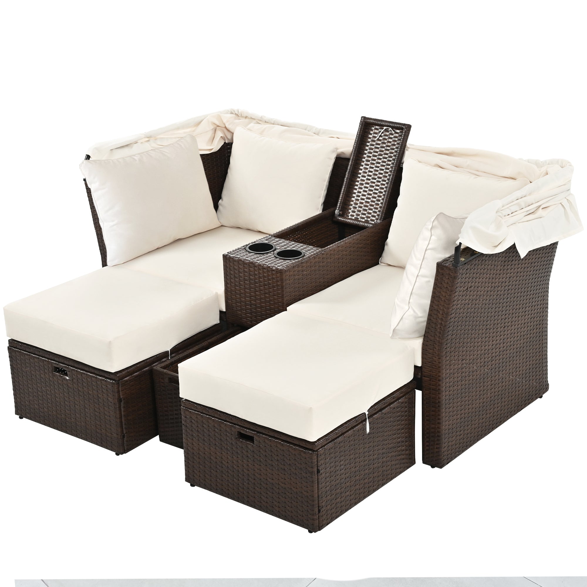 2 Seater Outdoor Patio Daybed with Foldable Awning & Cushions - Double Loveseat Sofa Set for Garden, Balcony, Poolside - Perfect for Relaxing, Sunbathing & Outdoor Lounging (Beige)
