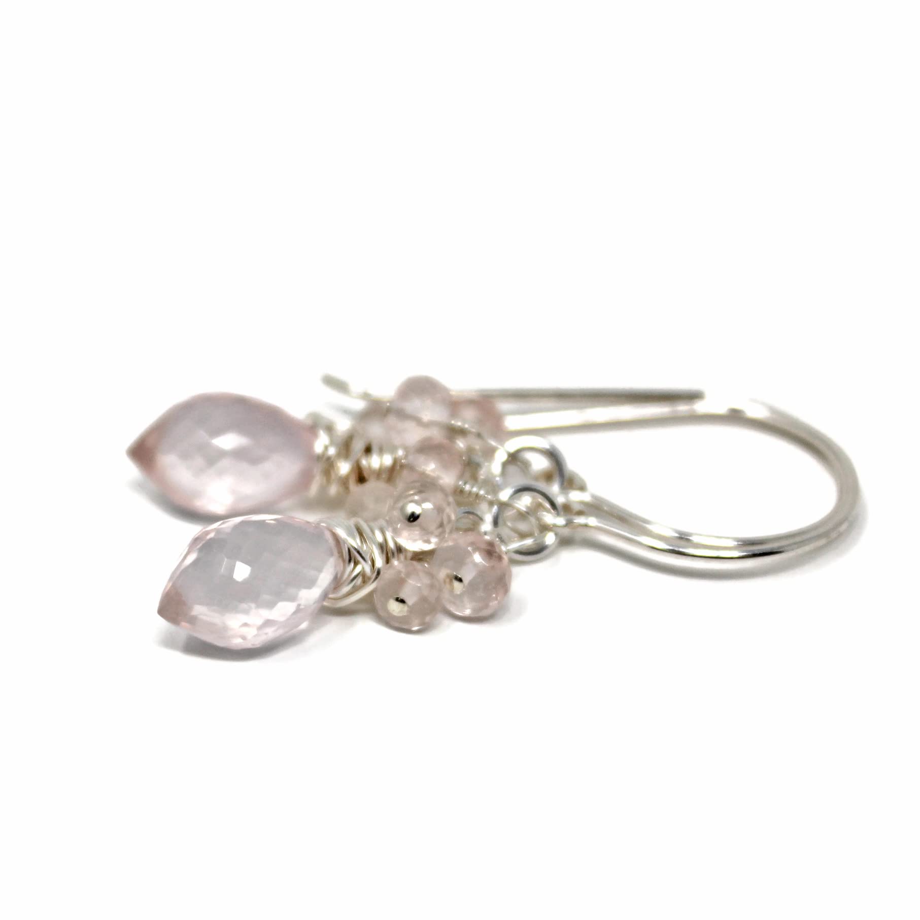 Handmade Rose Quartz Cluster Earrings - Sterling Silver 925 Hypoallergenic Jewelry for Women | Boho Chic Dangle Earrings for Date Night, Wedding & Special Occasions